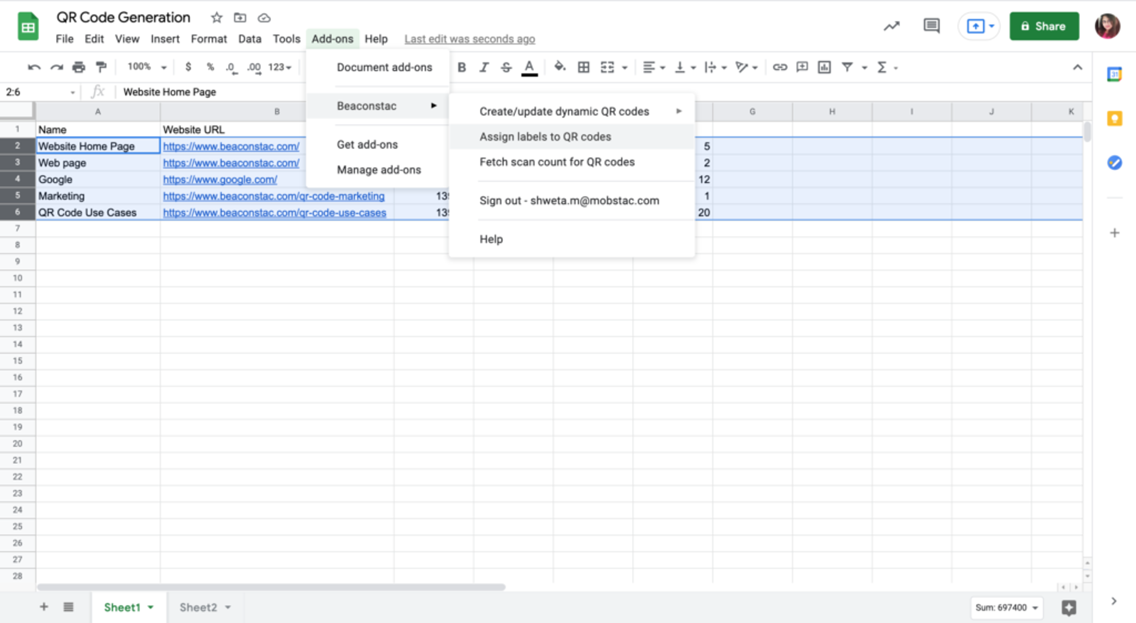 Select the rows to assign labels to your QR Codes