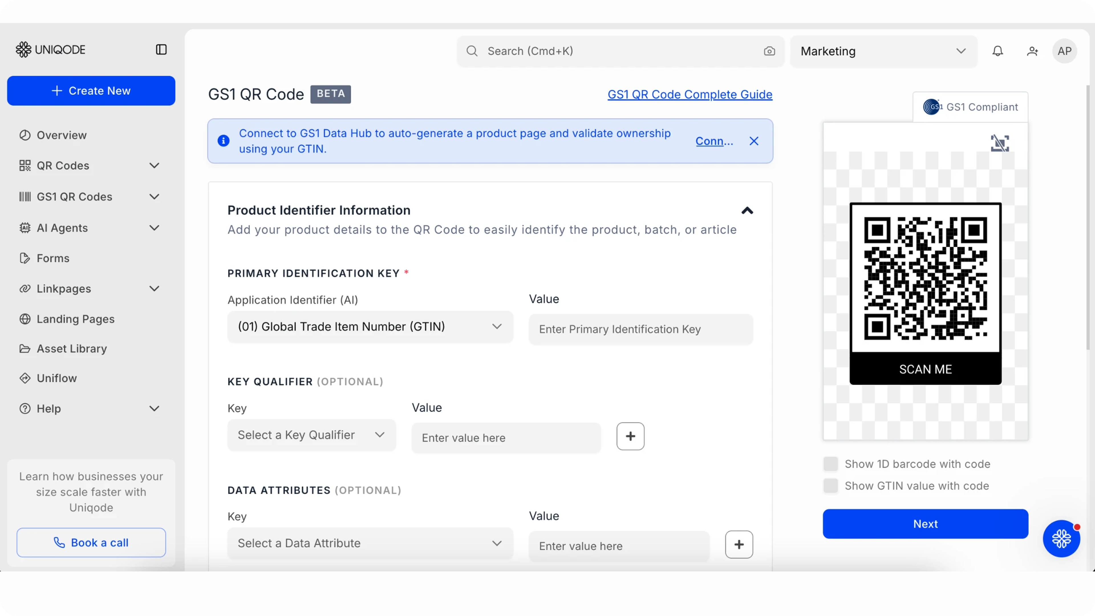 Uniqode's GS1 QR Code generator showing the Primary Identification Key (GTIN) field and a live GS1-compliant QR Code preview.