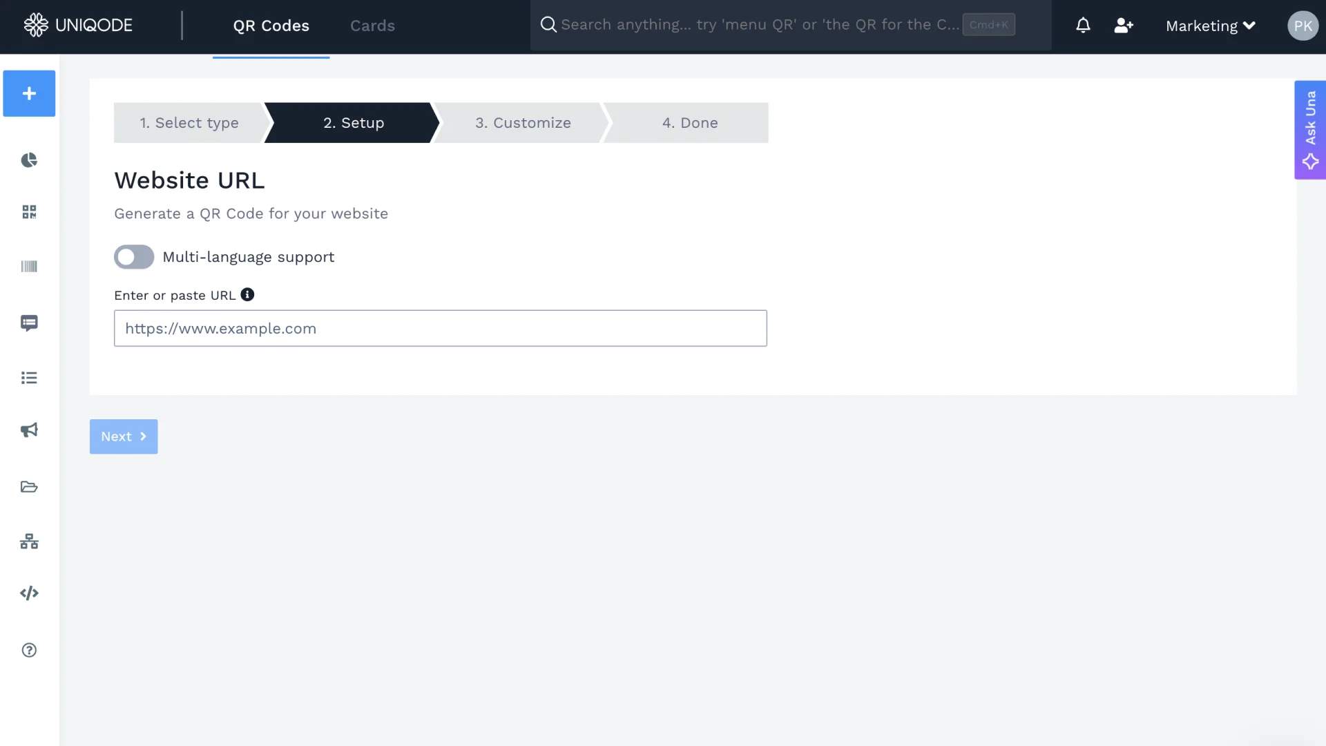 Uniqode dashboard showing the field to paste a website URL for creating a Google Chrome QR code.