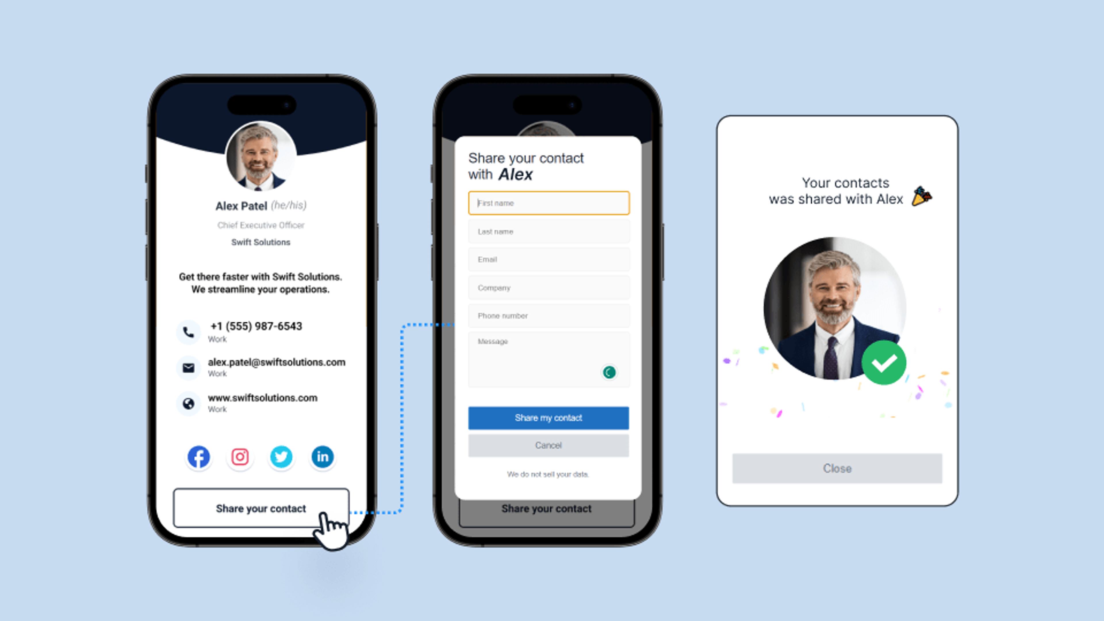 Uniqode digital business cards allow the recipient to share their contact details with the card owner