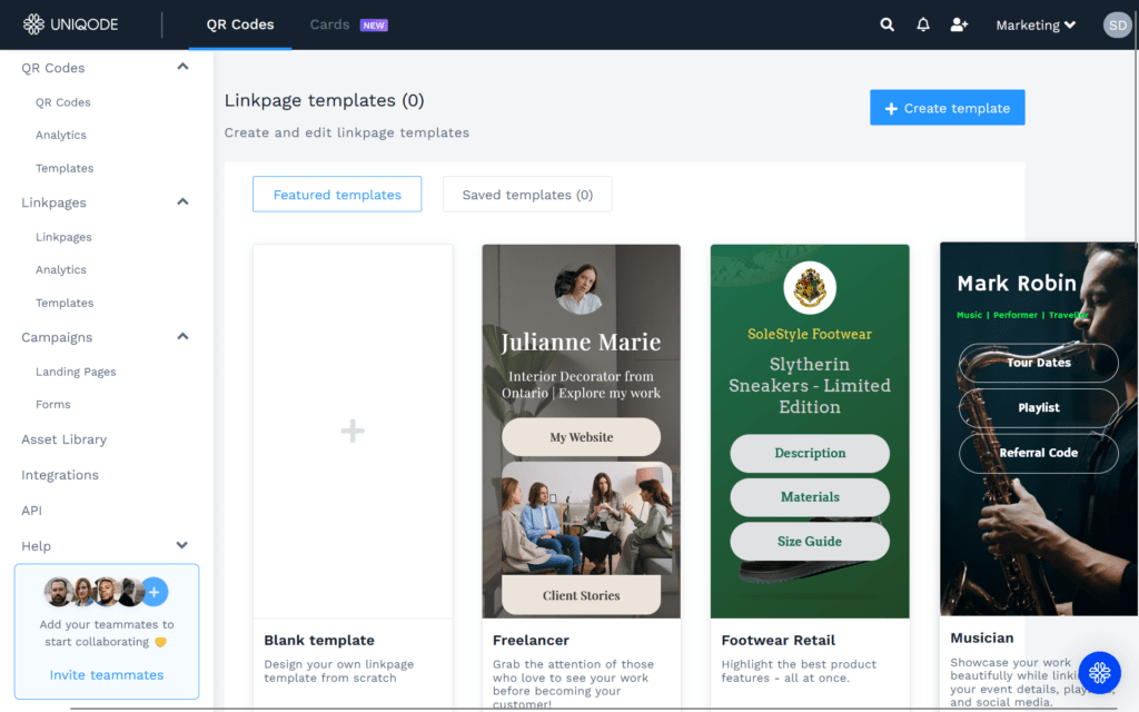 Choose a linkpage template to create playlist qr code