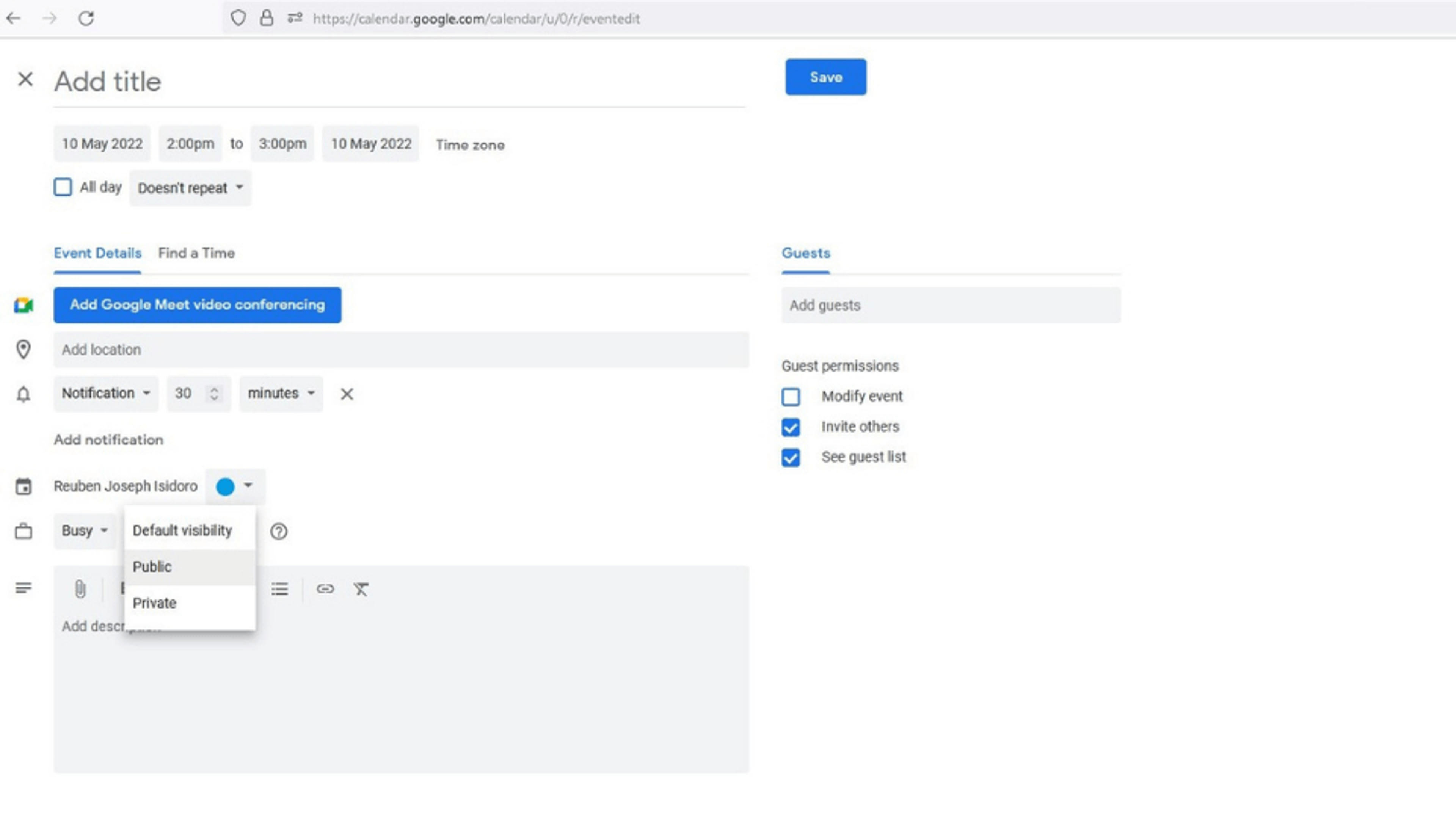 Making a Google Calendar event public to prep it for a QR Code link
