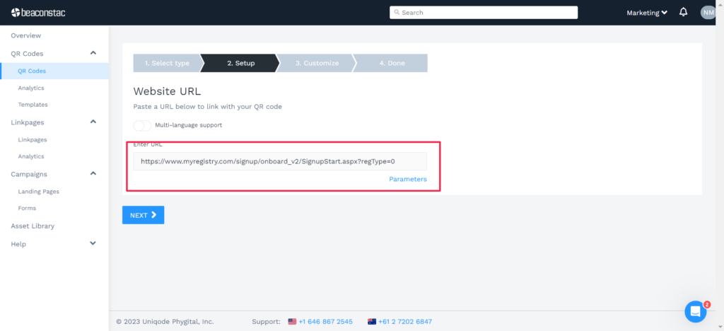 Insert the URL of the wedding registry