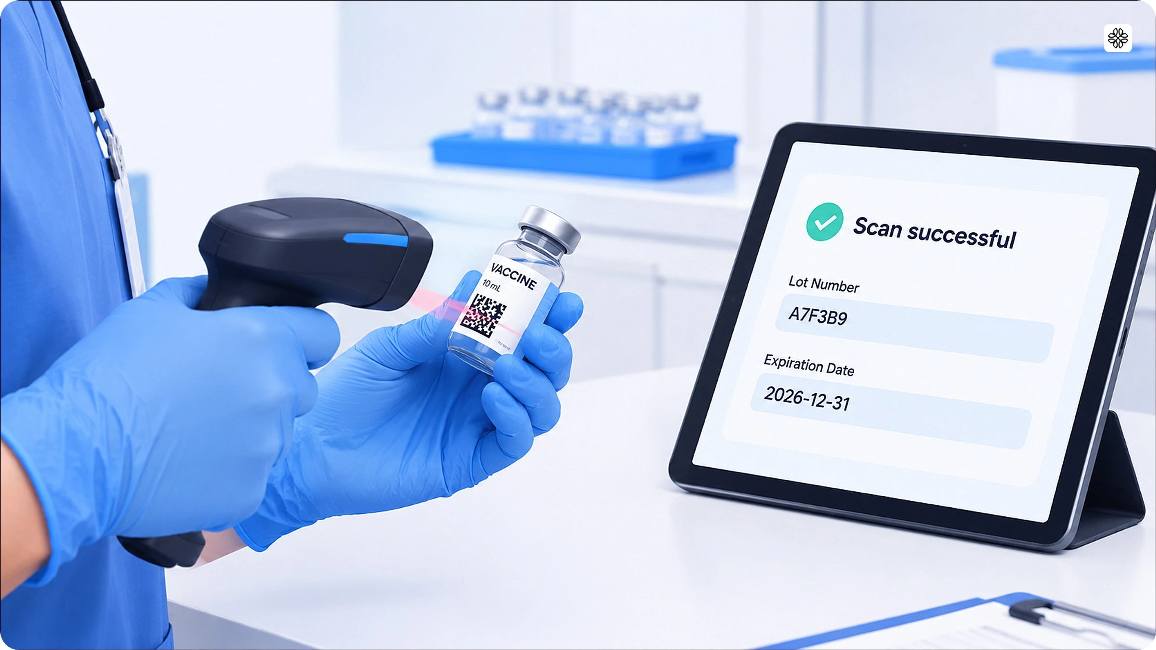 A handheld scanner reads the 2D barcode on a vaccine vial, and a tablet shows the lot number and expiration date.