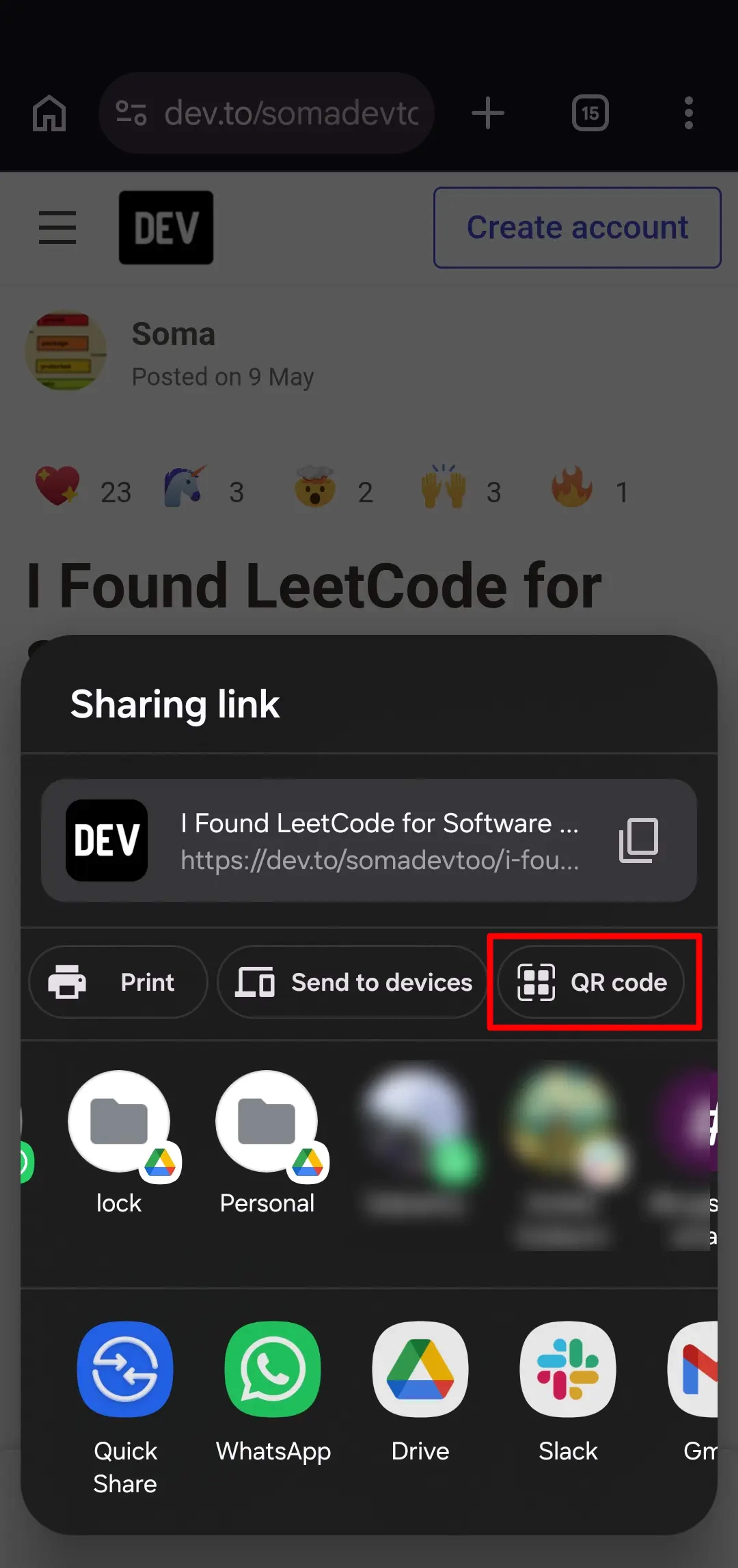 Sharing link of Google Chrome QR code generator in mobile browser