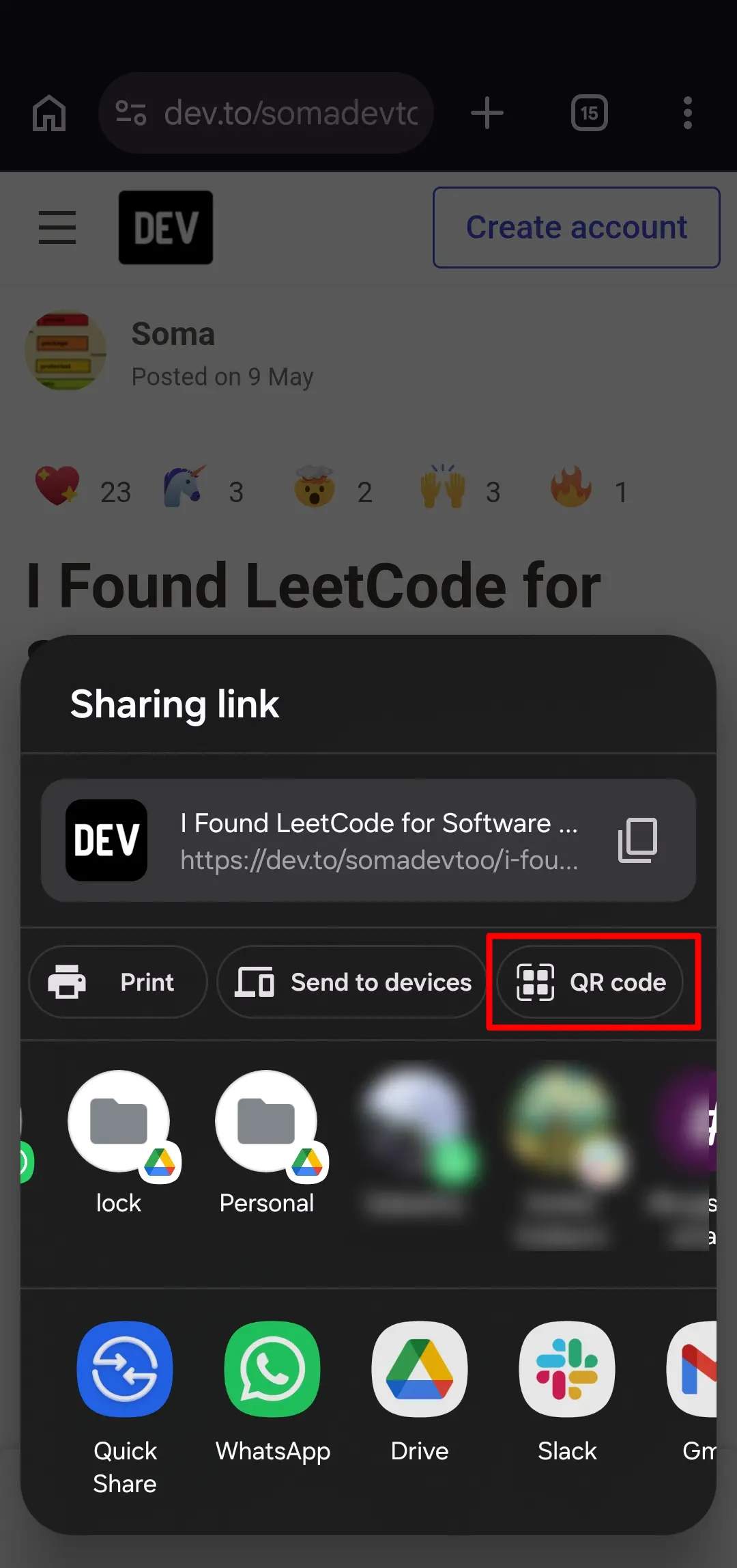 Sharing link of Google Chrome QR code generator in mobile browser