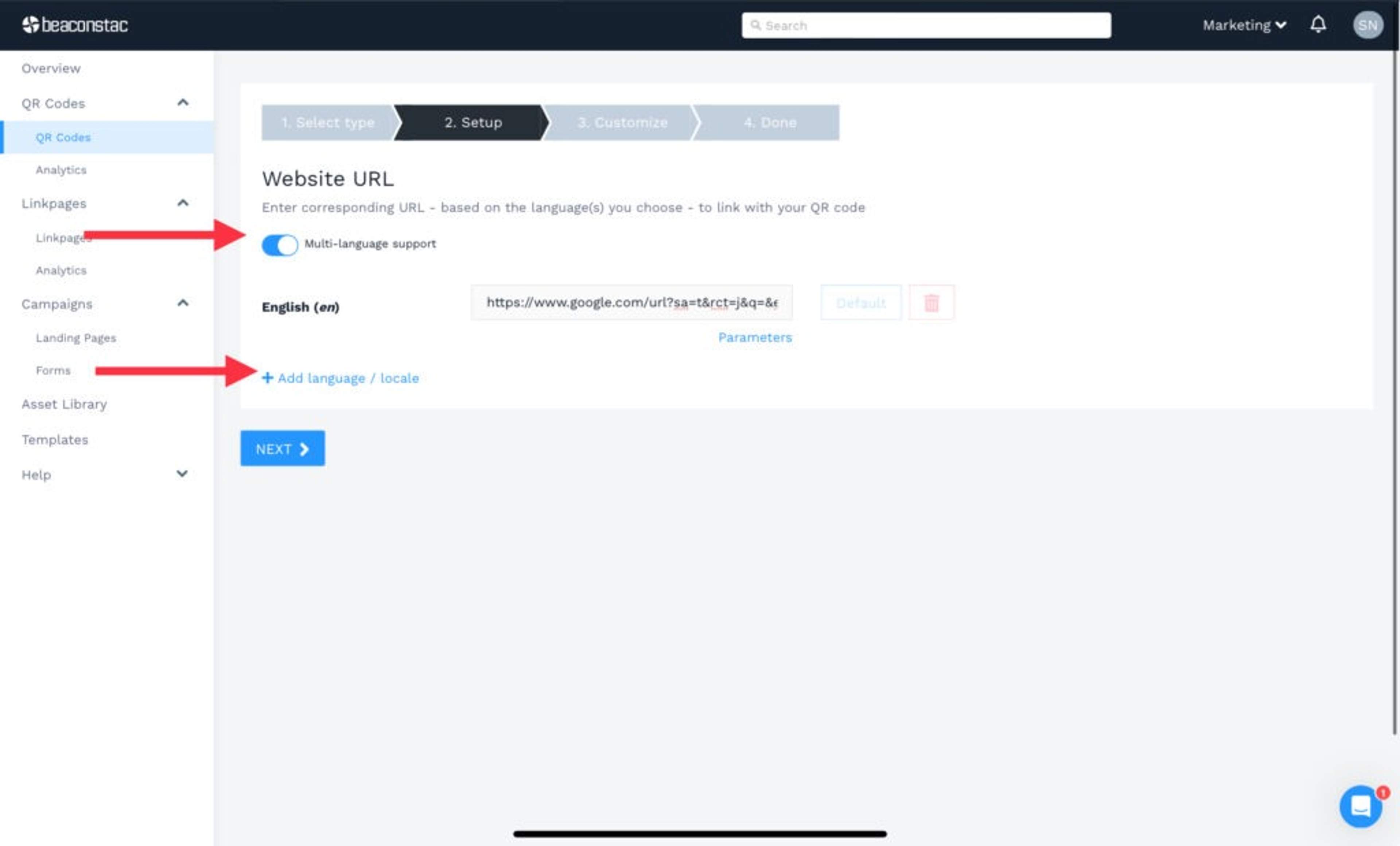Make use of multi language support on Uniqode dashboard