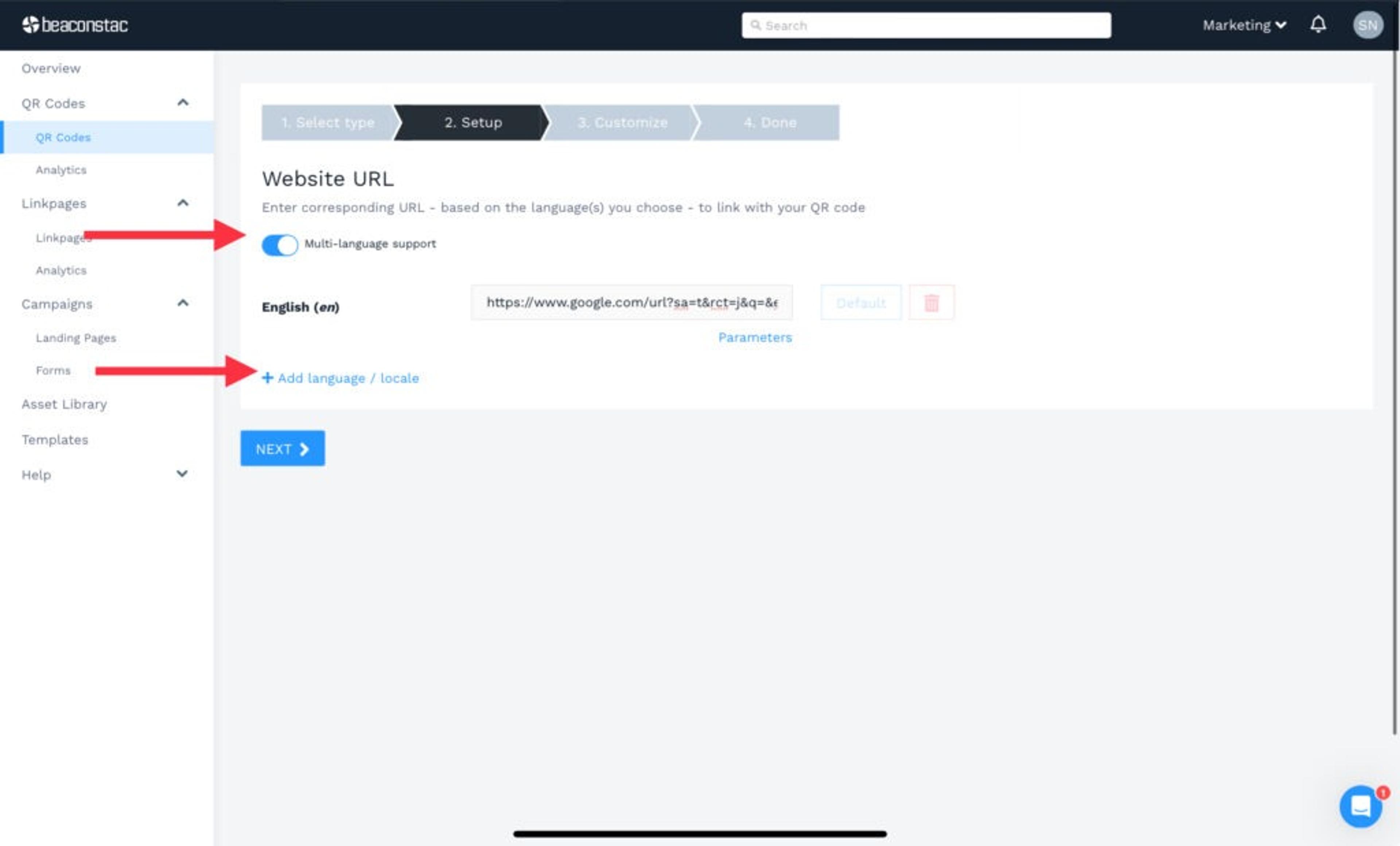 Make use of multi language support on Uniqode dashboard