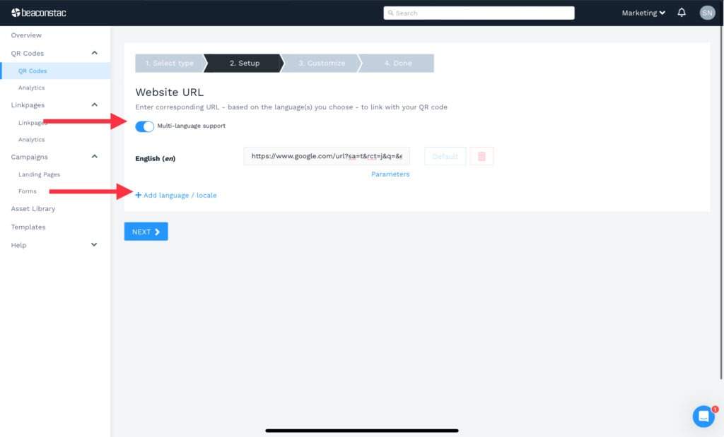 Make use of multi language support on Uniqode dashboard