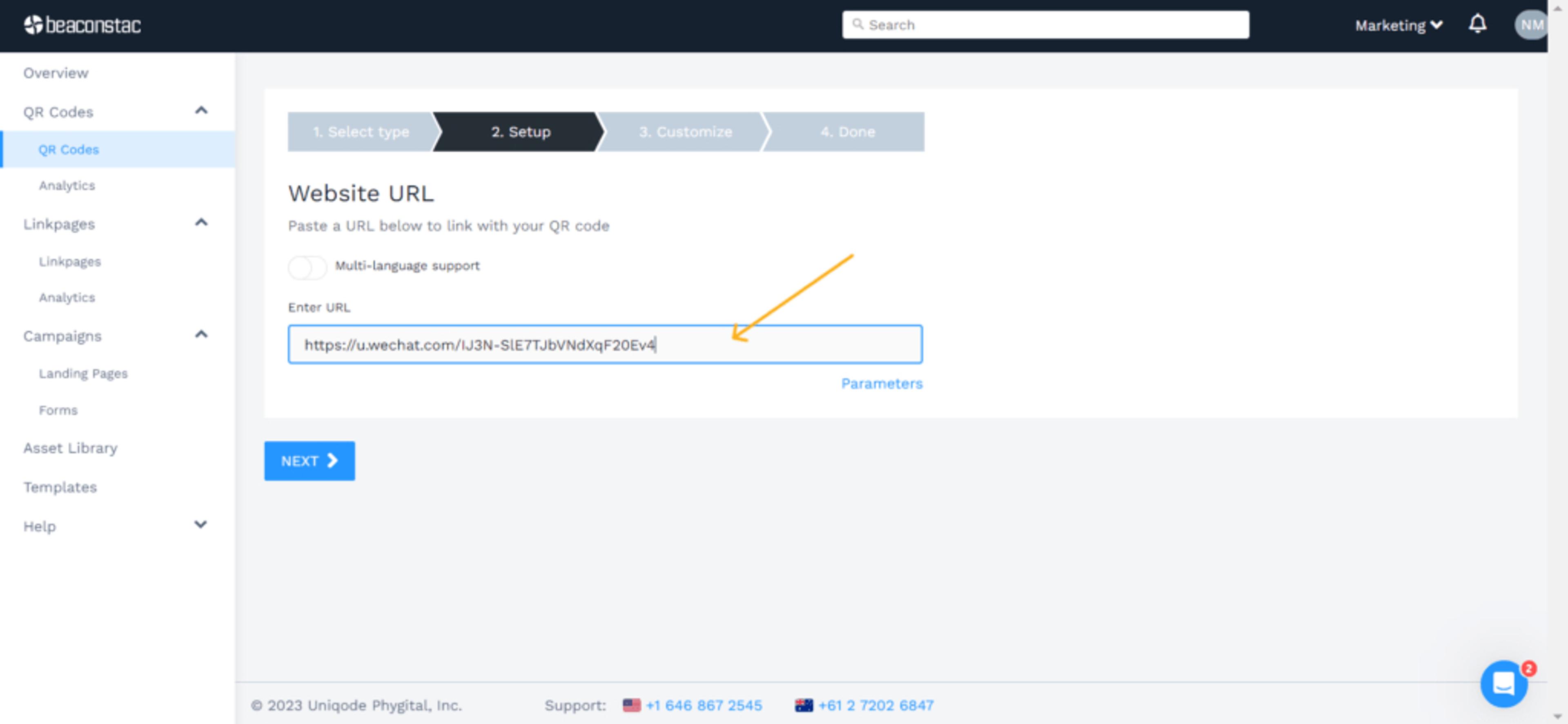 Paste your WeChat account URL in Uniqode's website URL option