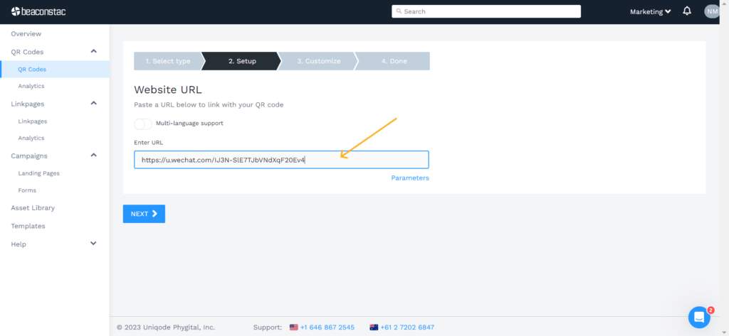 Paste your WeChat account URL in Uniqode's website URL option