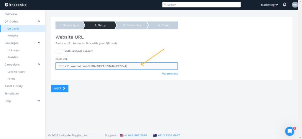 Paste your WeChat account URL in Uniqode's website URL option
