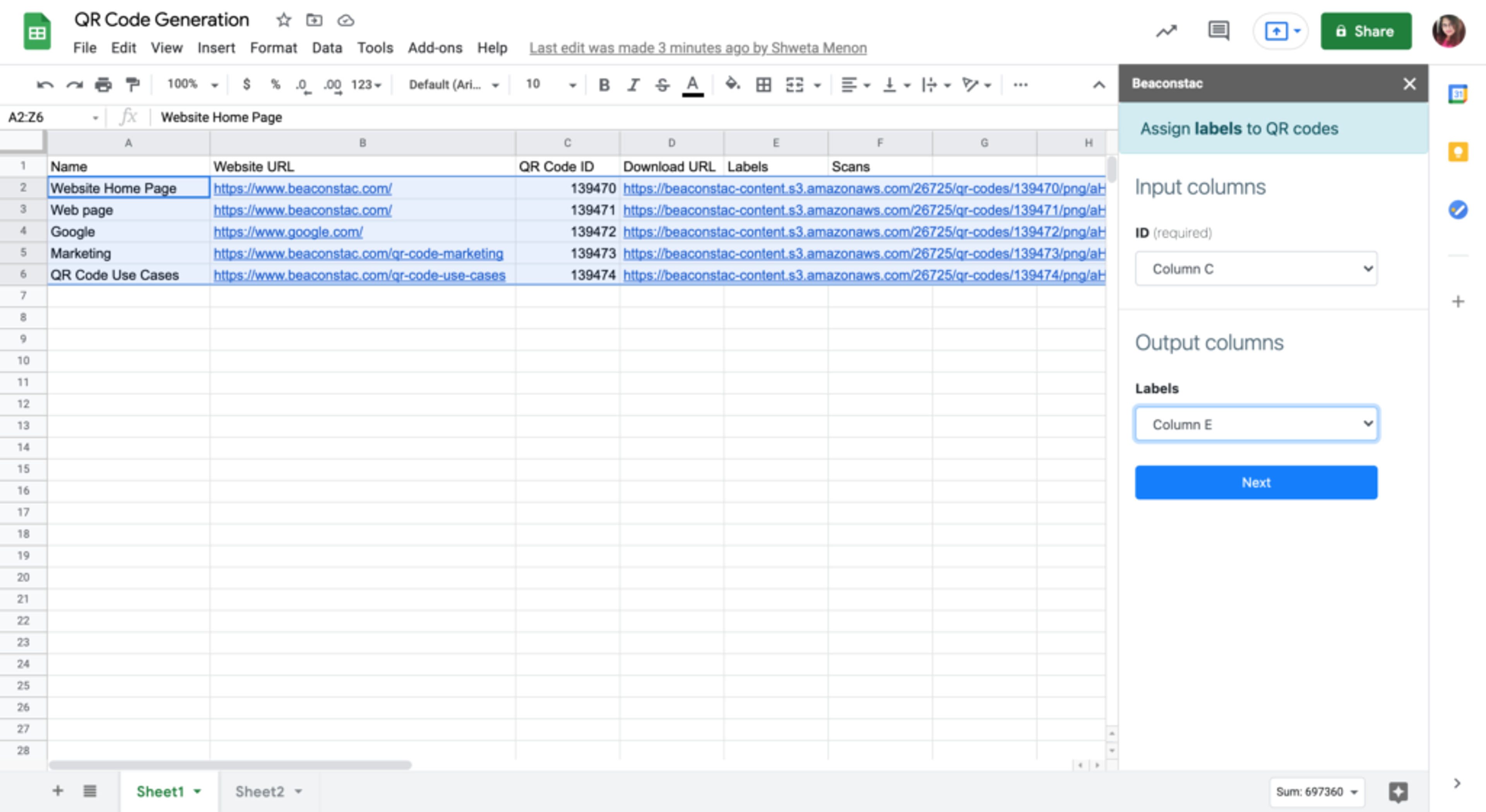 Assign the right columns to add labels to your QR Codes