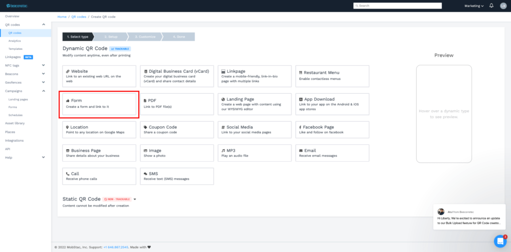 Select form in Uniqode dashboard