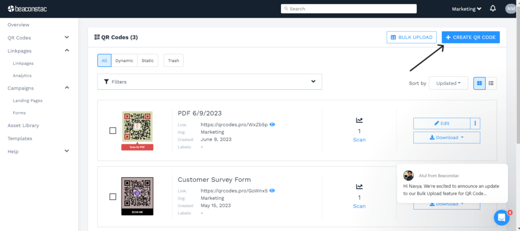 Log into the Uniqode dashboard and click on