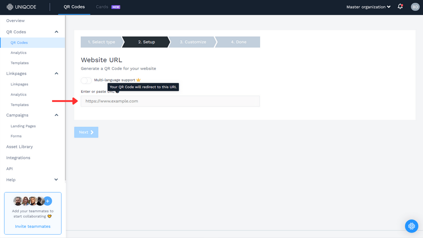 Paste the copied Telegram link in the field provided