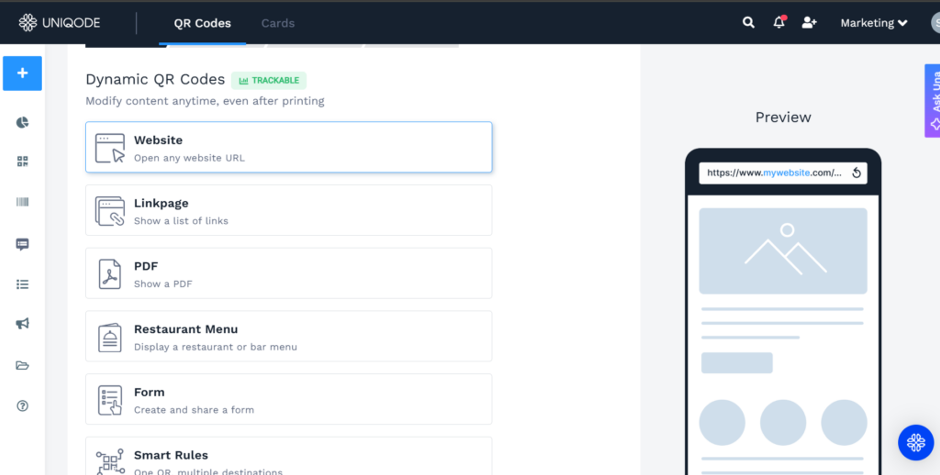 Select "Website" under Dynamic QR Codes