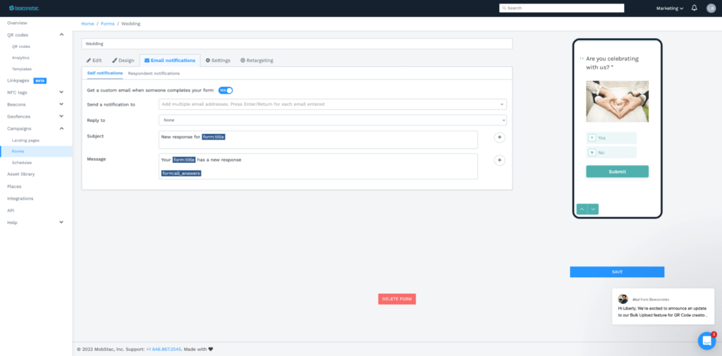 Enable email notification for wedding RSVP QR Code