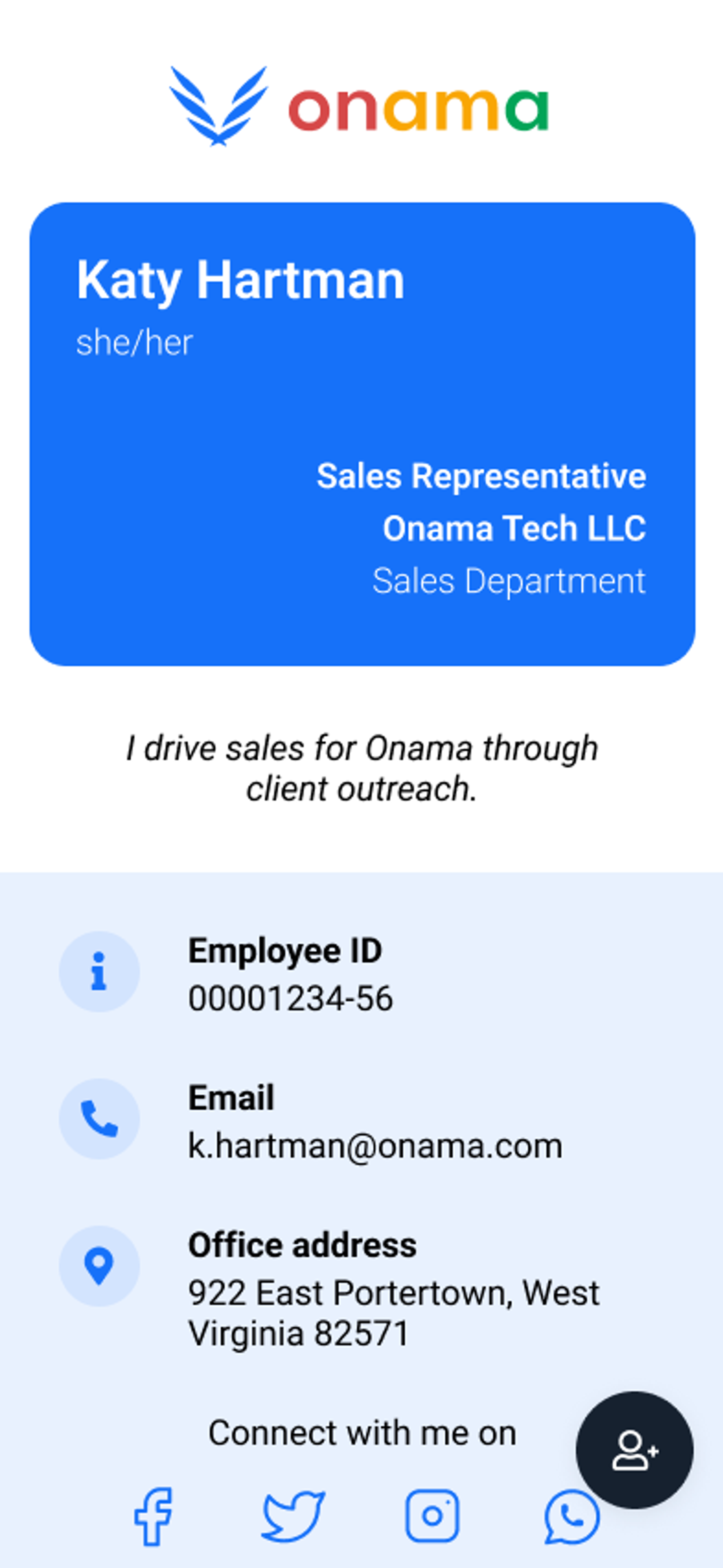 Template of a digital business card for sales professionals