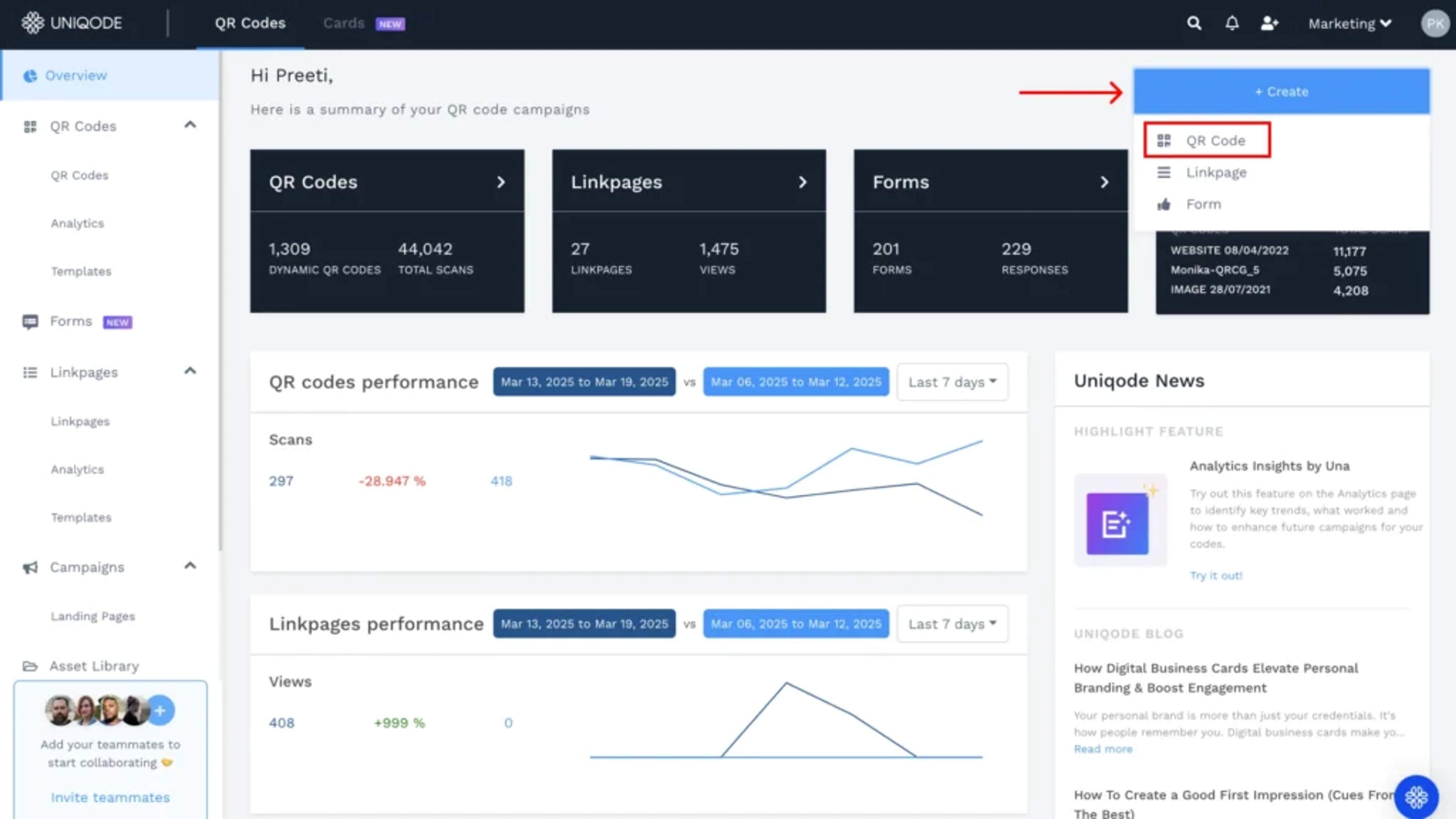 Select QR Code from Uniqode dashboard for Photo Sharing