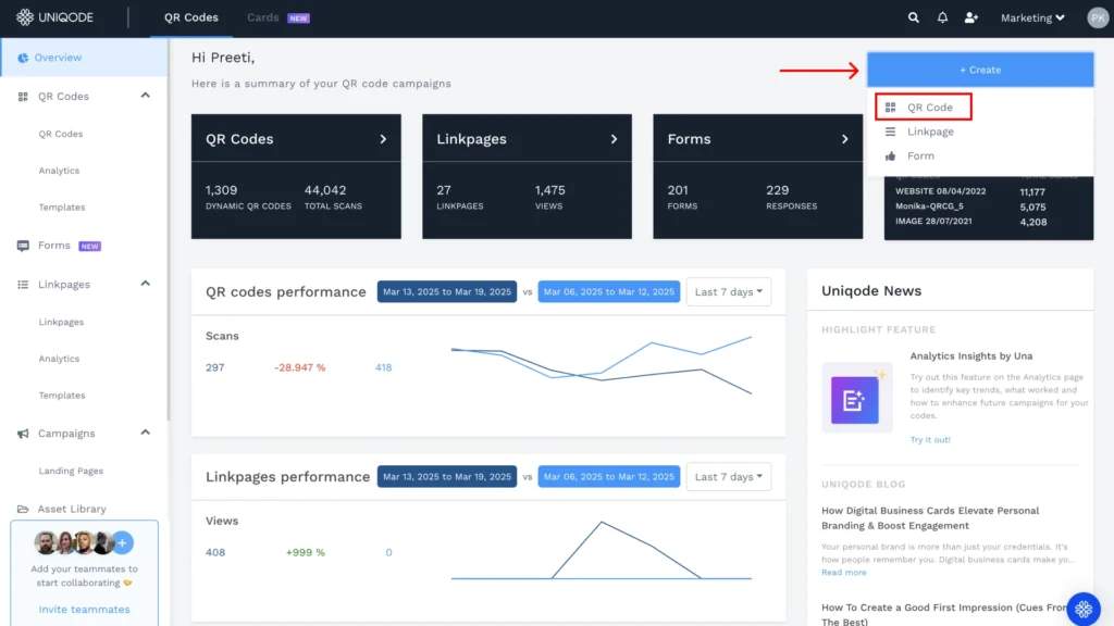 Select QR Code from Uniqode dashboard for Photo Sharing
