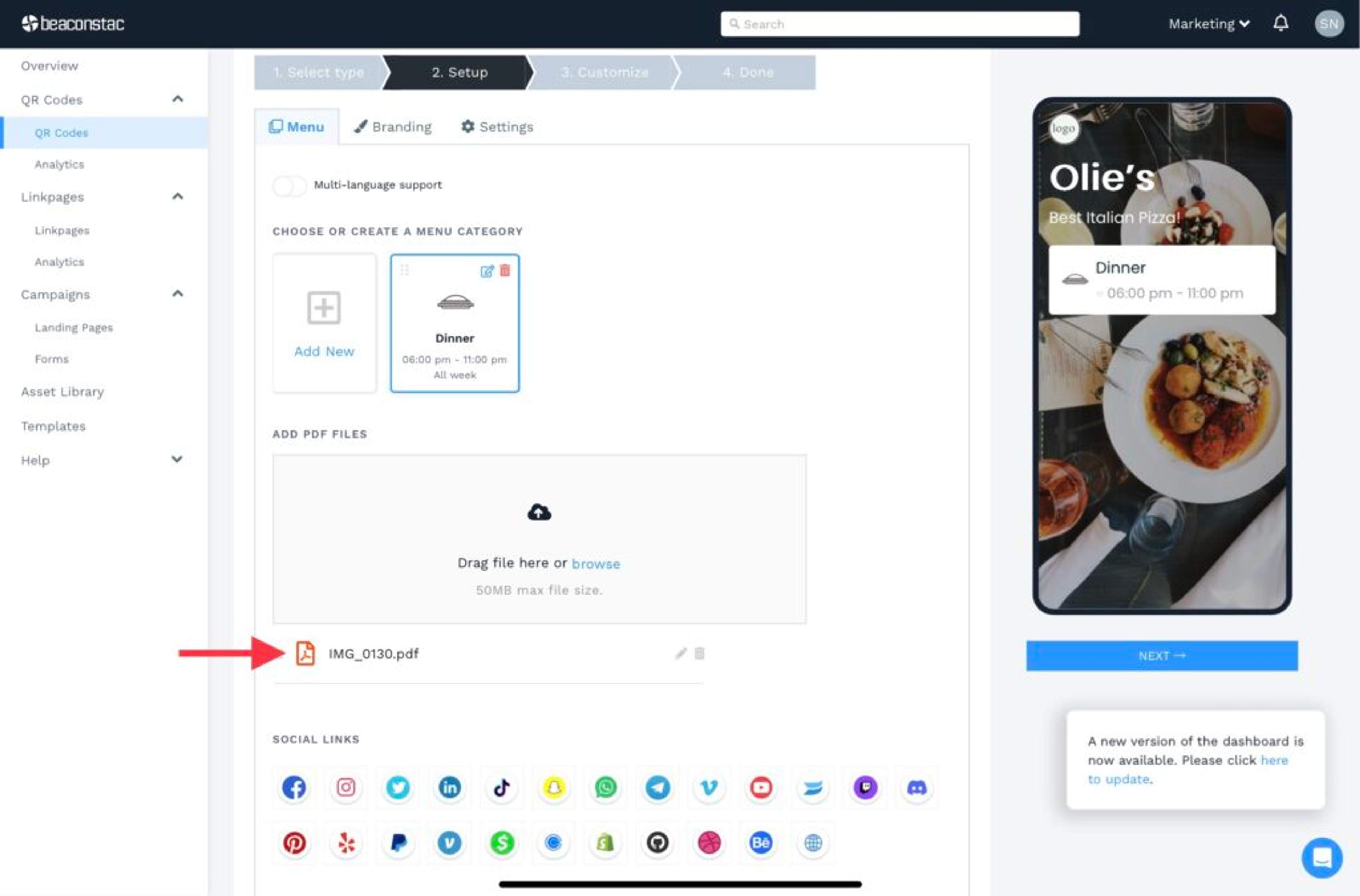 Choose a menu category on the dashboard