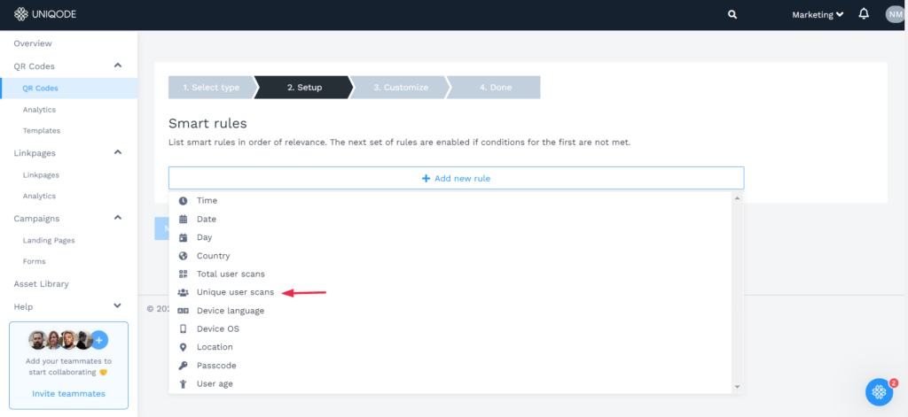 Click “+Add new rule” and choose “Unique user scans”