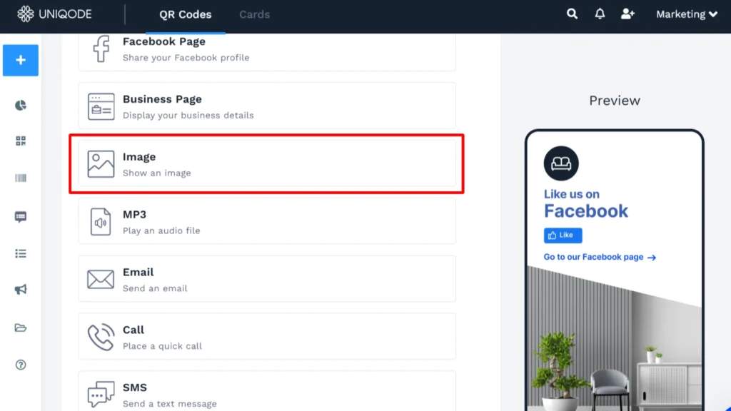 Select Image QR Code for Photo Sharing from Uniqode Dashboard