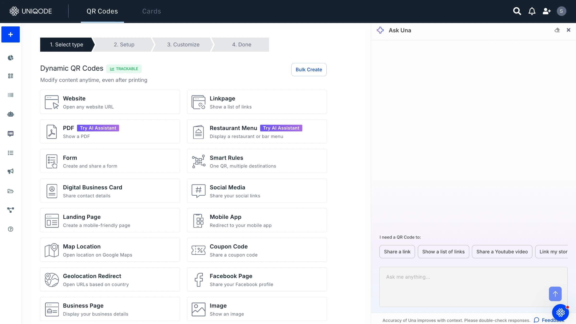 choose QR Code type on Uniqode dashboard