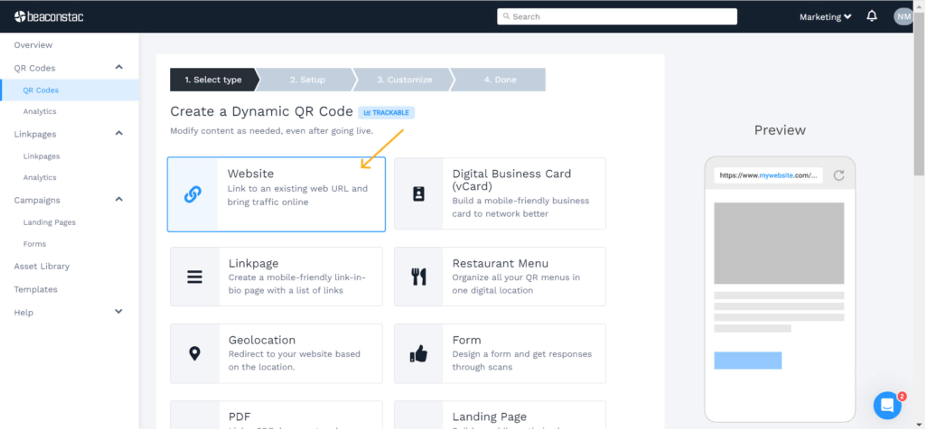 Choose Website as your campaign to create WeChat qr code