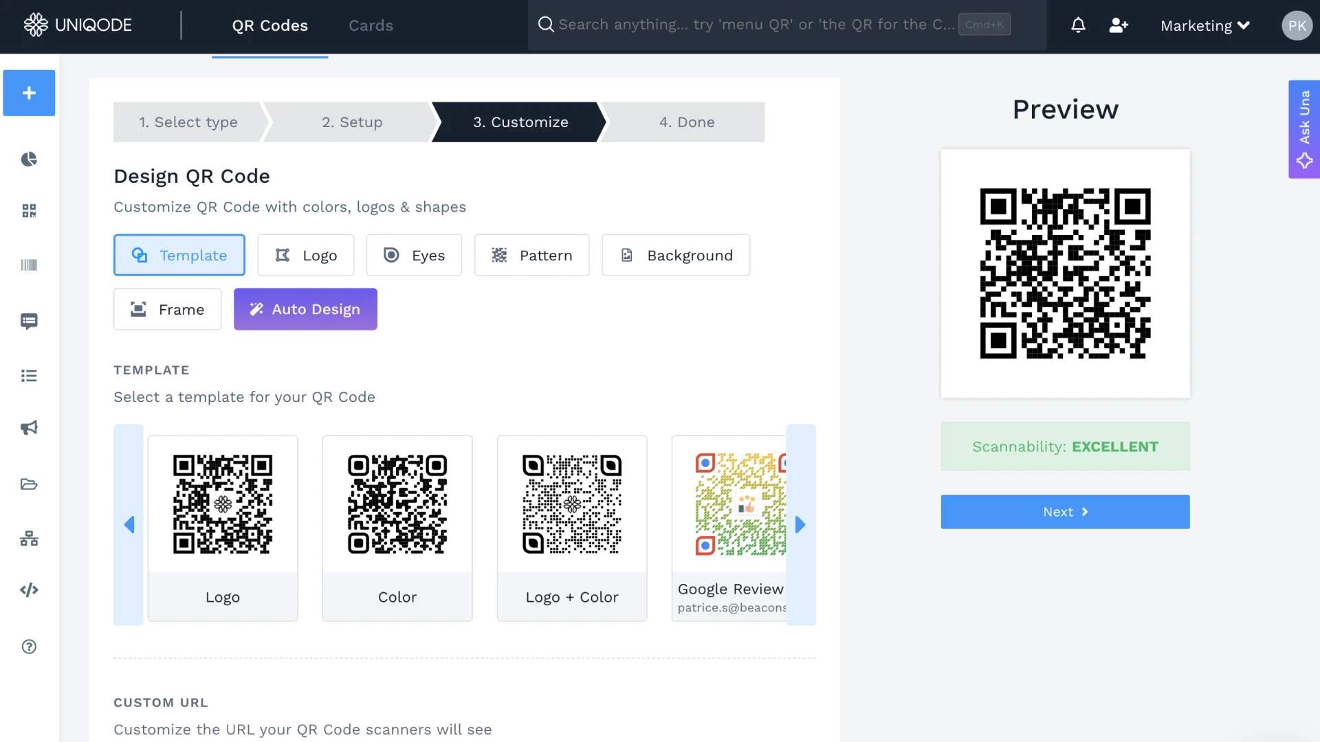 Uniqode dashboard showing customization options while creating a Google Chrome QR code with live preview.