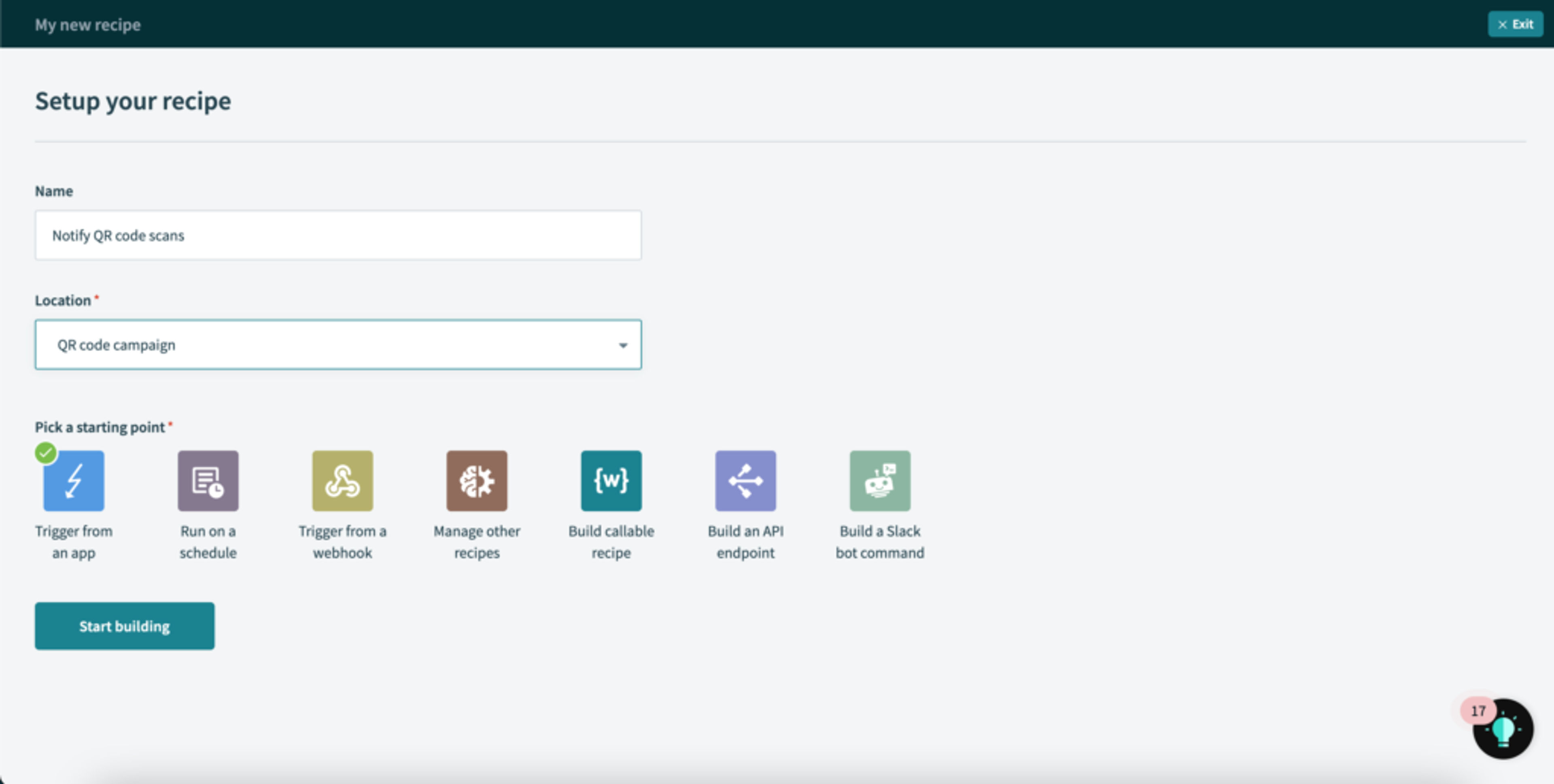 Creating a Uniqode trigger action in Workato recipes.