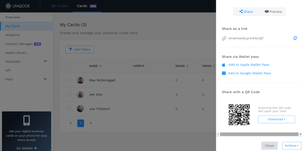 Download the QR Code linked to your digital business card