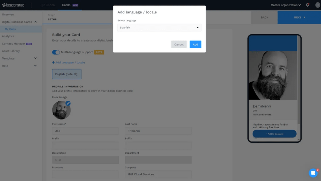 Create multilingual digital business cards