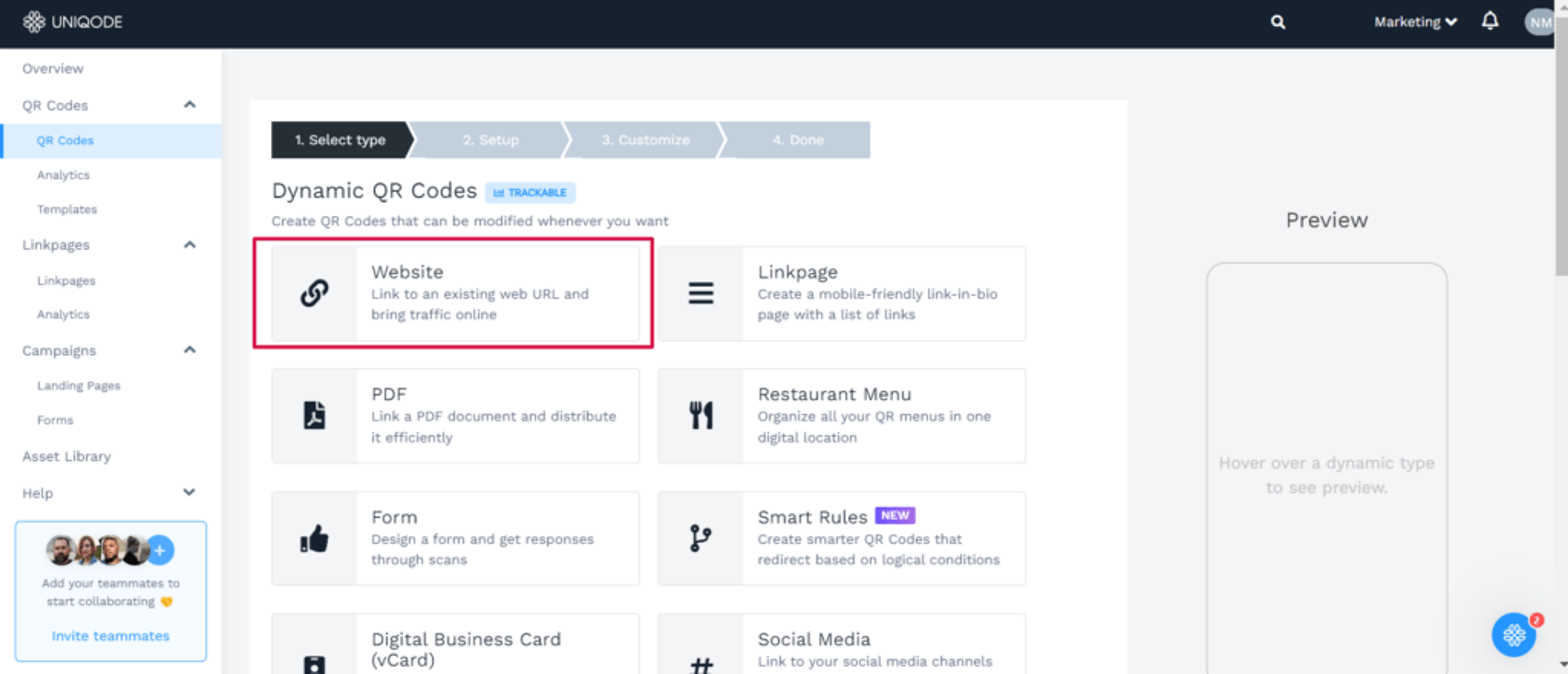 Select the type of QR Code you wish to generate 