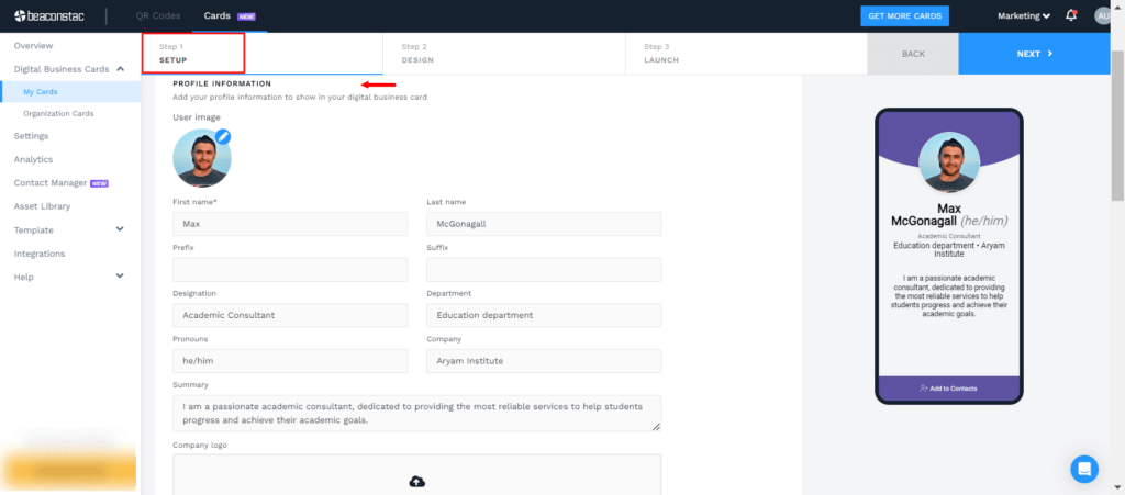Set up your virtual business card