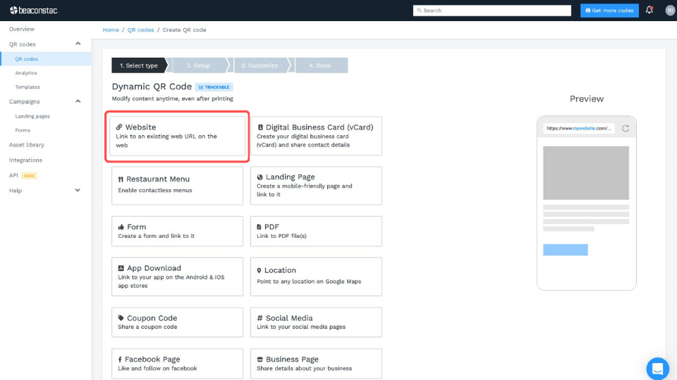 Choosing Website as the QR Code campaign type
