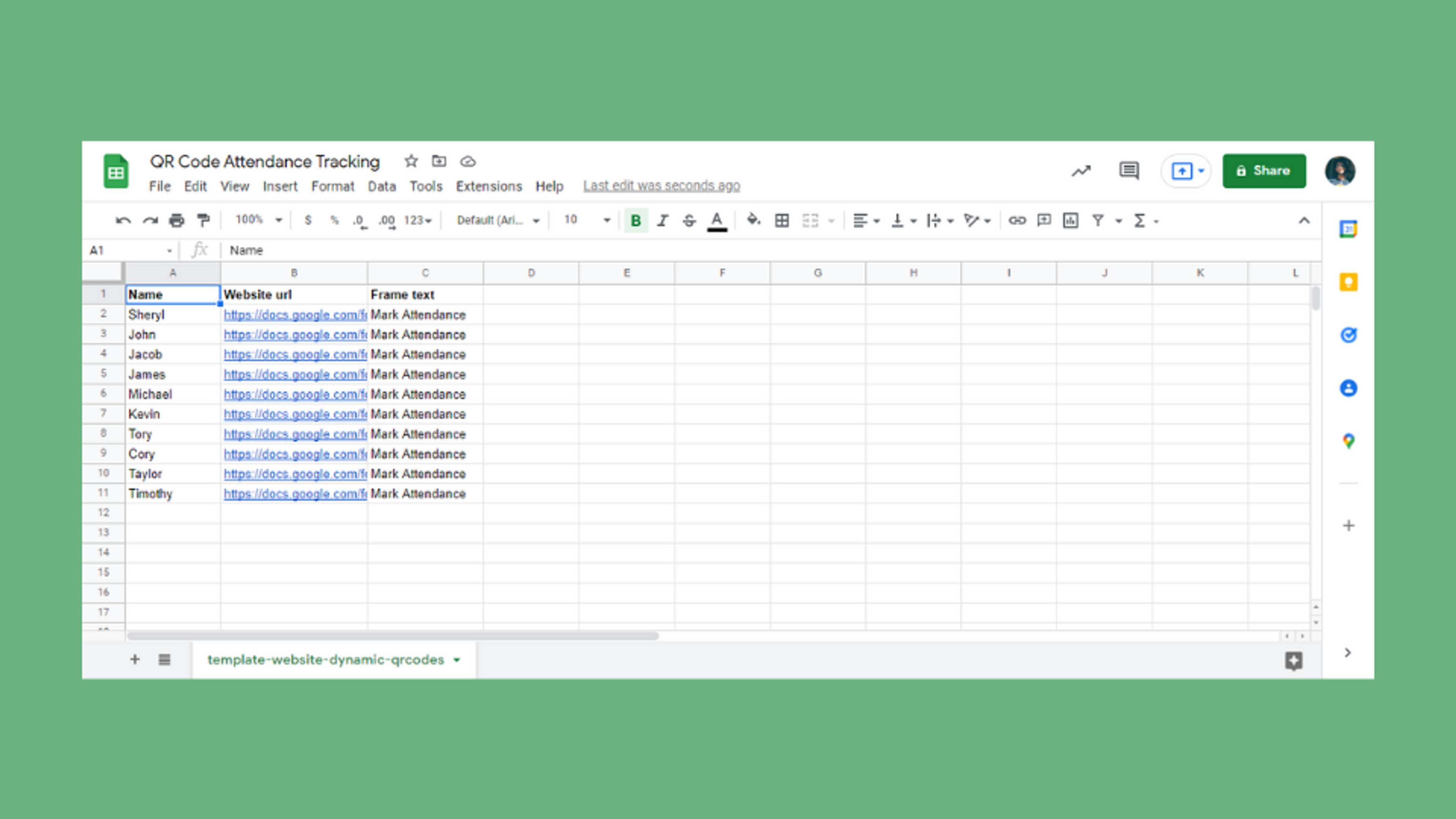 Fill in appropriate details on the attendance tracking spreadsheet