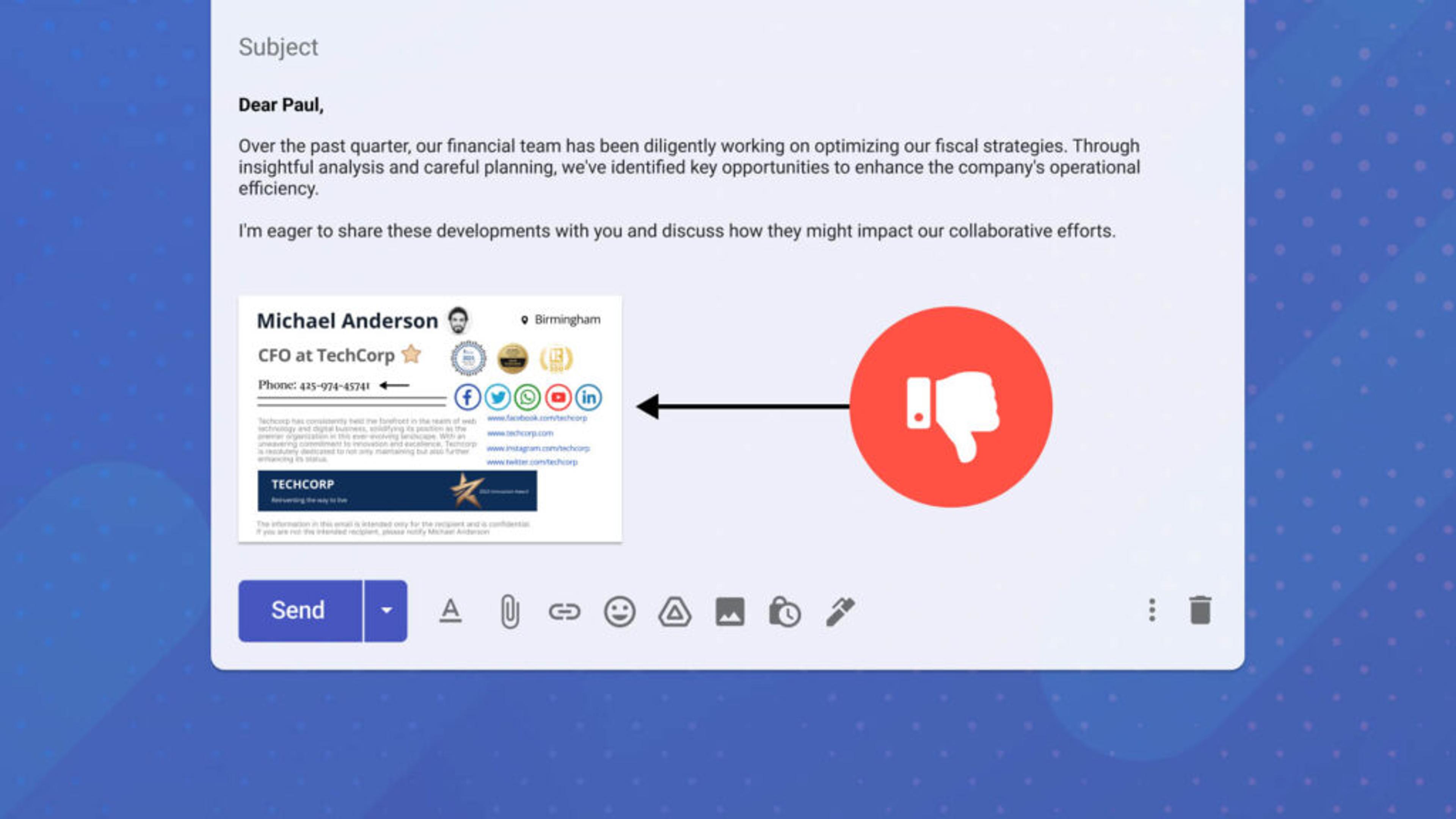 A CFO email signature overcrowded with information
