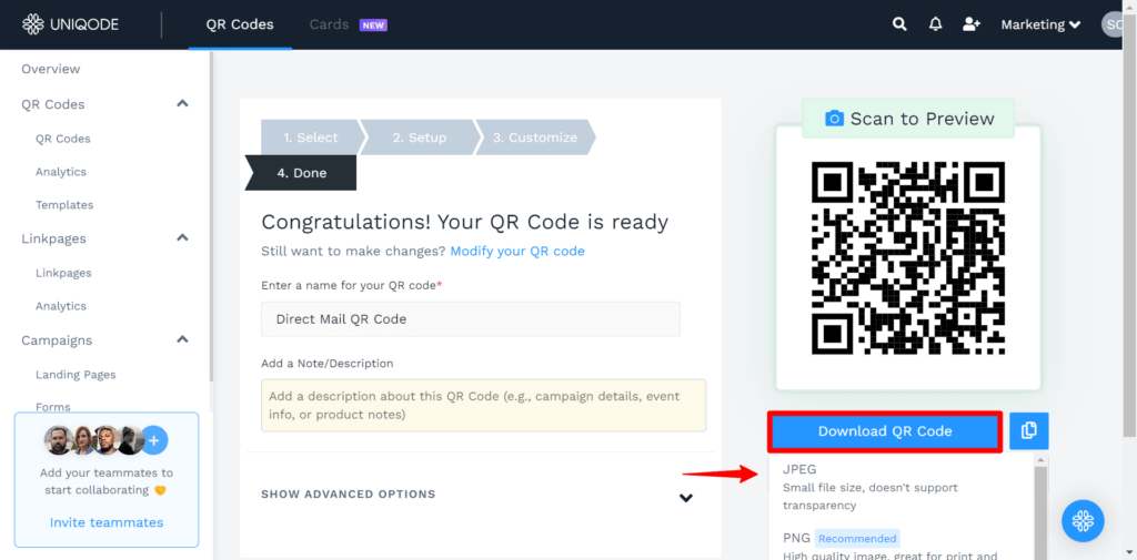 Download your direct mail QR Code