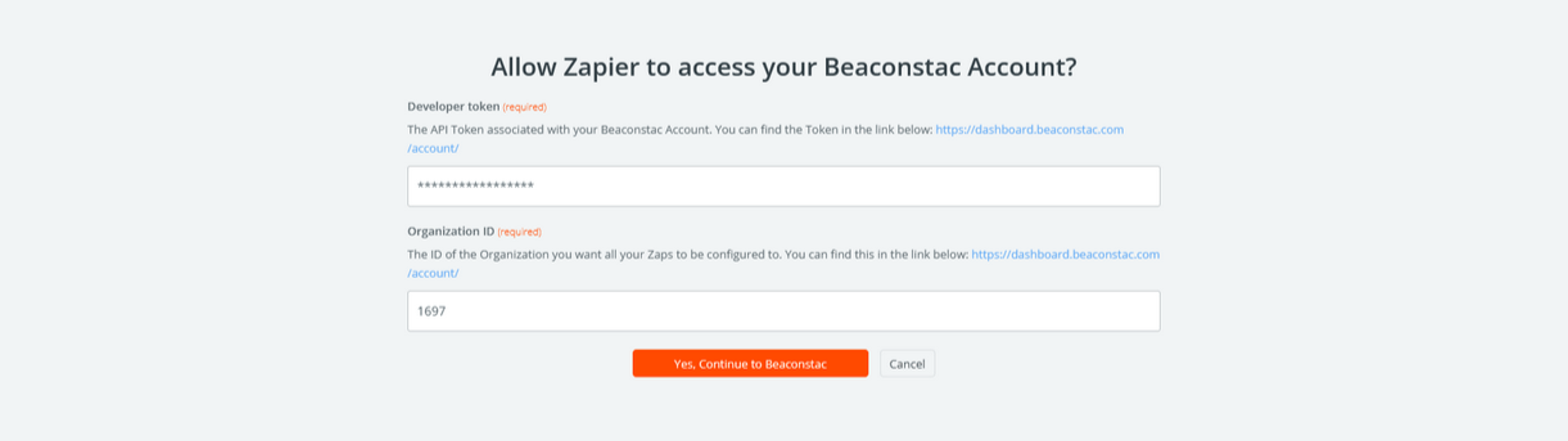 Zapiers-Developer-token-and-Organization-ID-fields