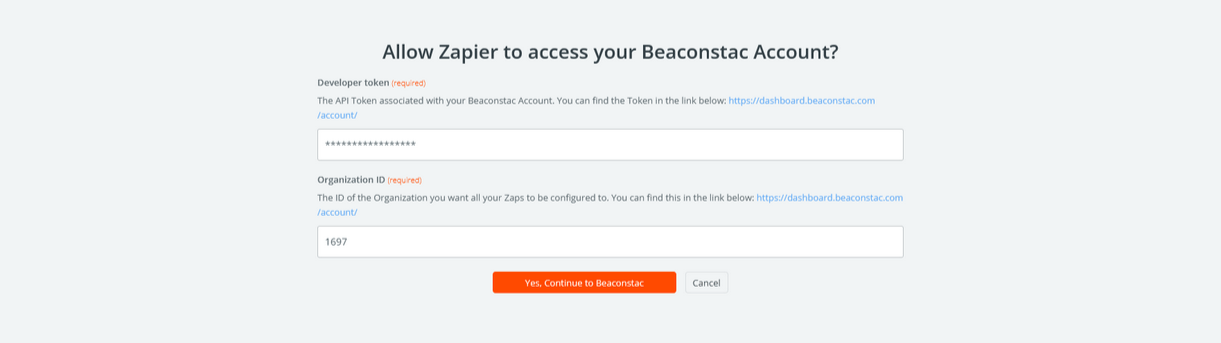 Zapiers-Developer-token-and-Organization-ID-fields