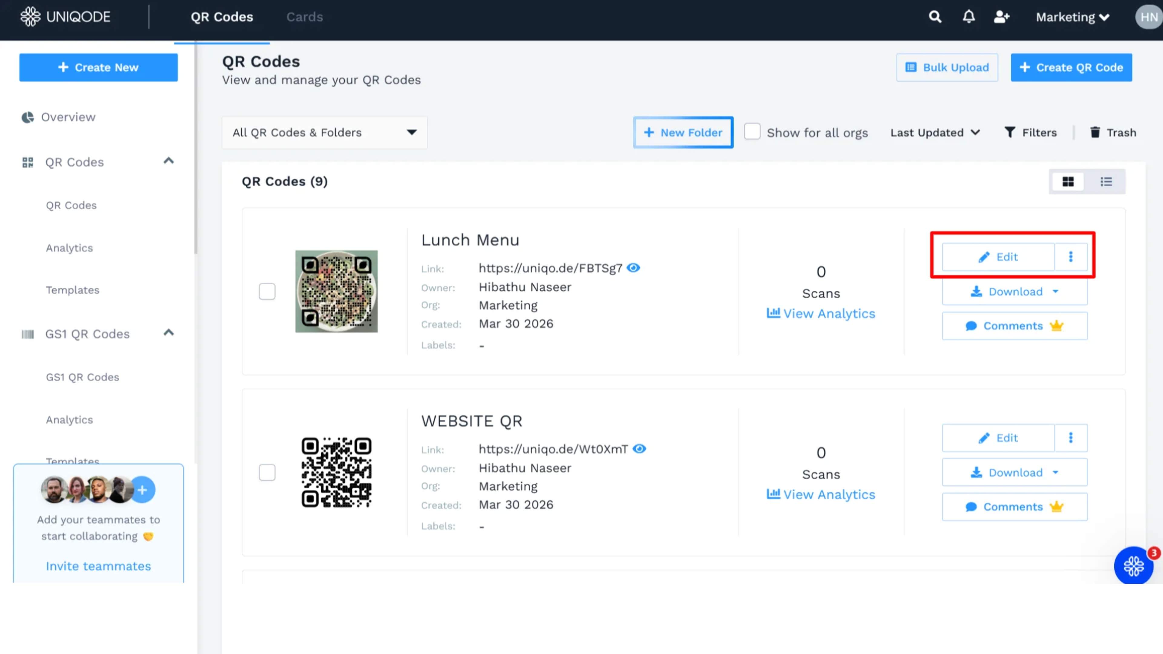 Select the QR Code you want to update the destination to