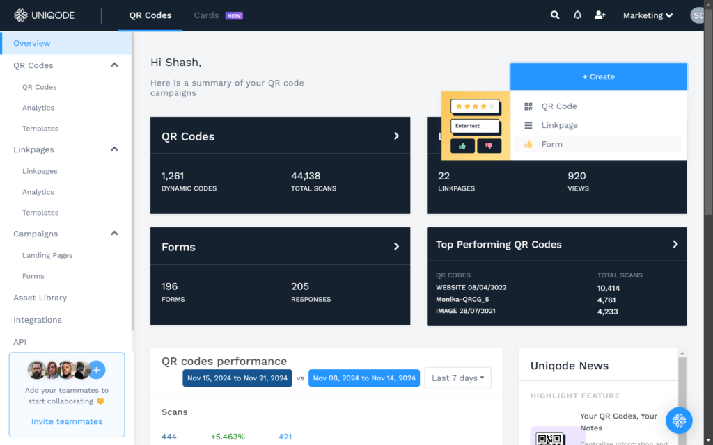 Step 1: Dashboard of Uniqode to create Youtube QR Code