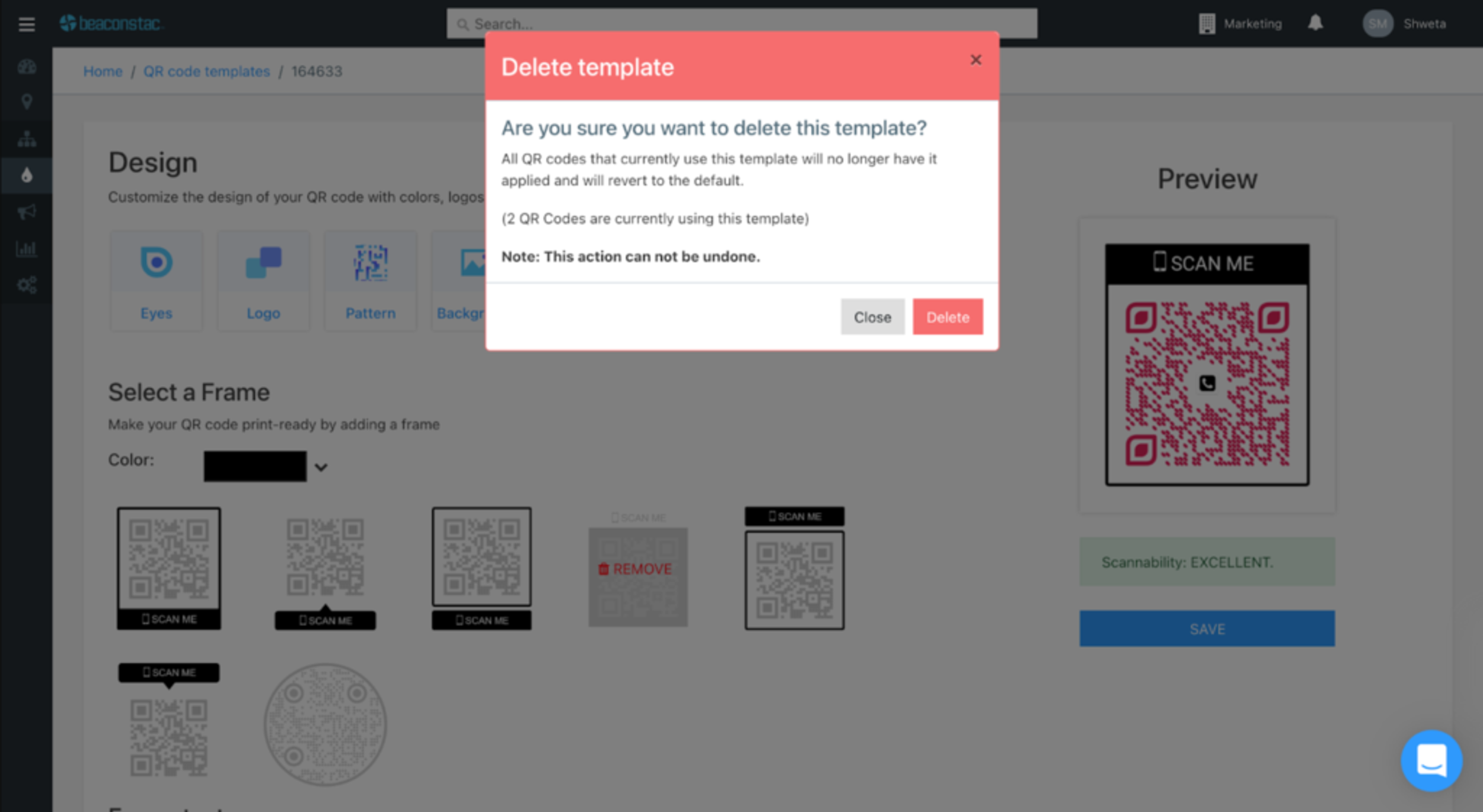 Deleting a QR Code template