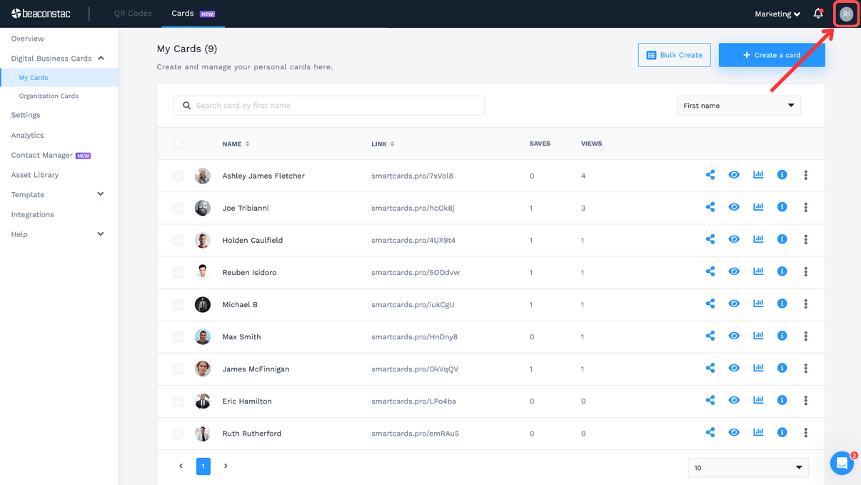 Click the admin profile indicator on the upper-right corner of the screen