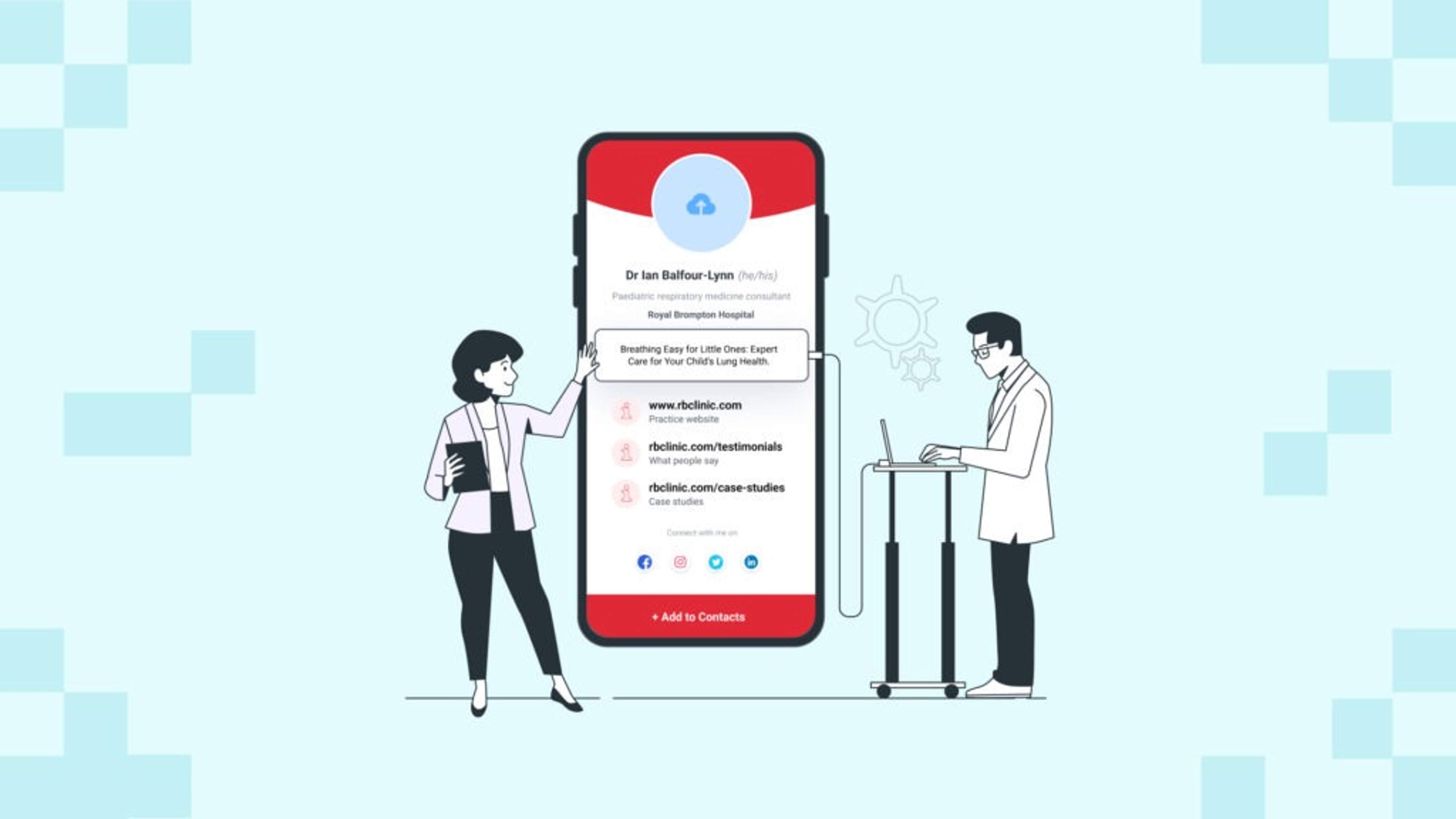 A digital business card for healthcare professionals that display interactive links to content that provide social proof