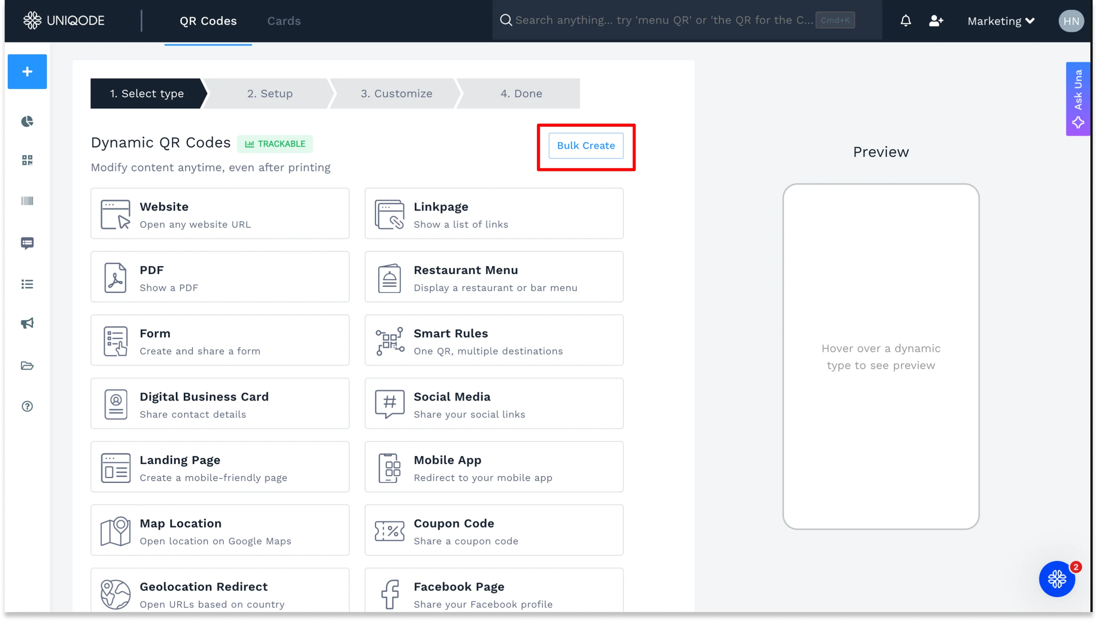 Step 1: Select QR Code type to bulk upload