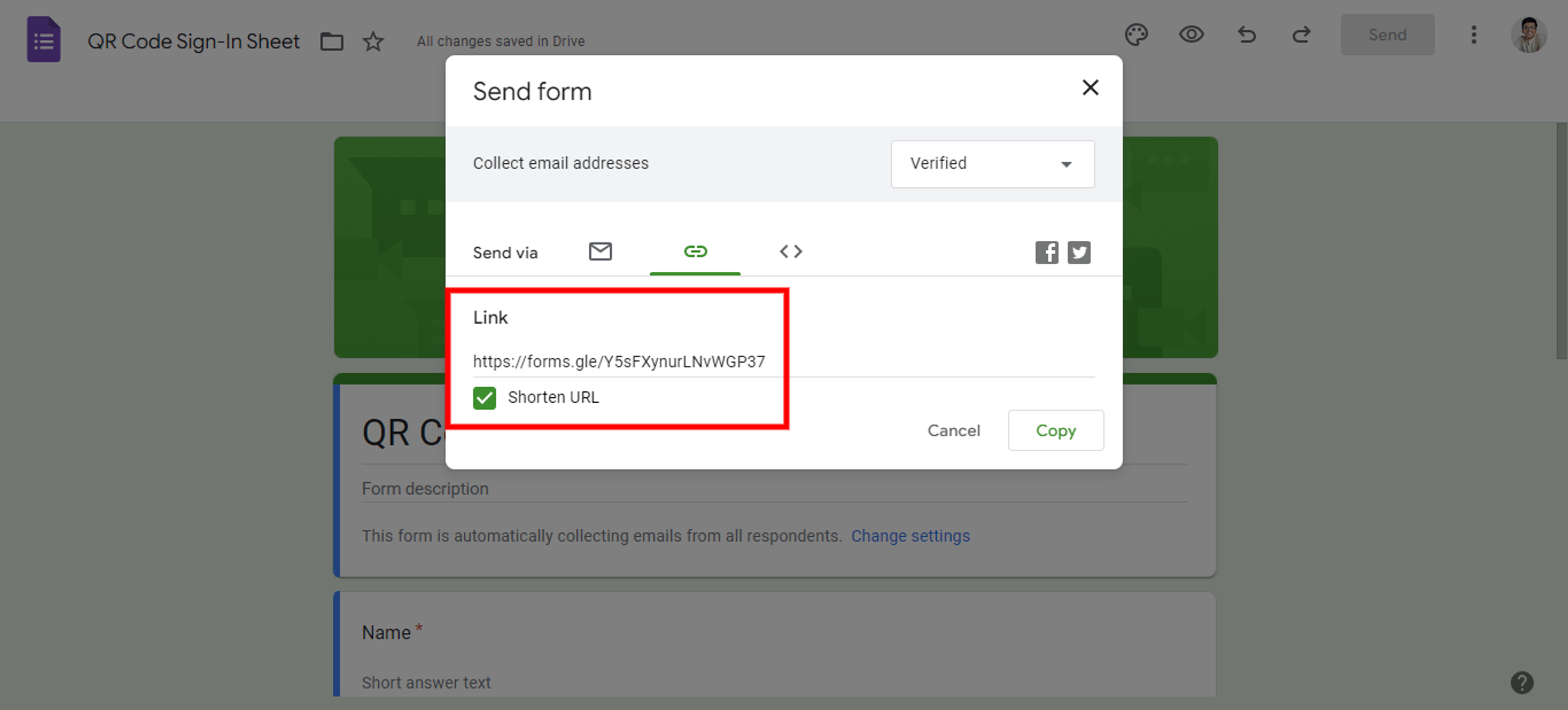 copy Google Forms link