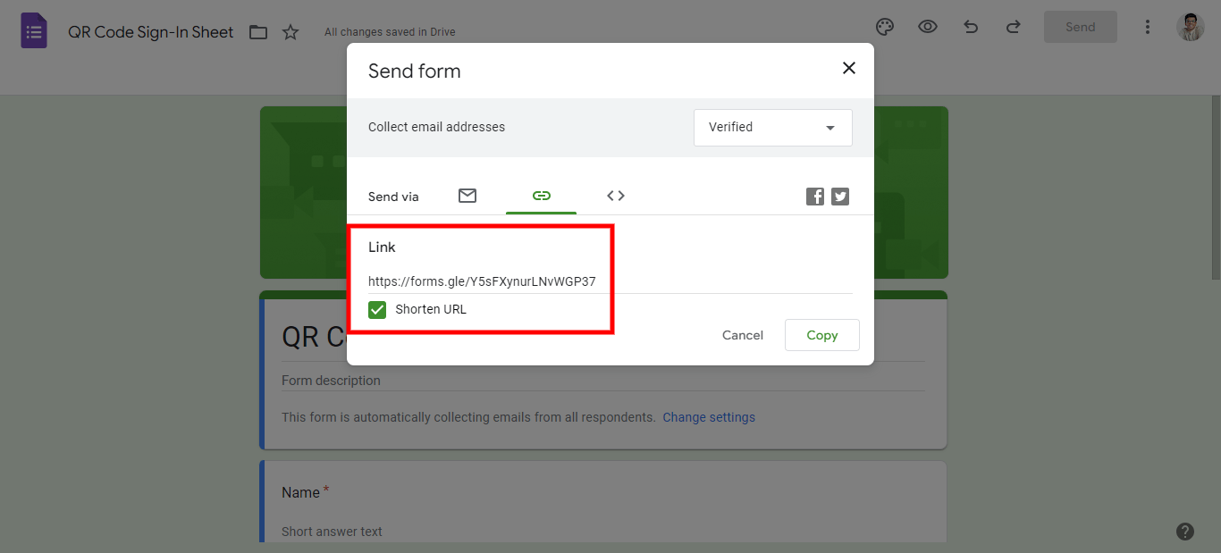 copy Google Forms link
